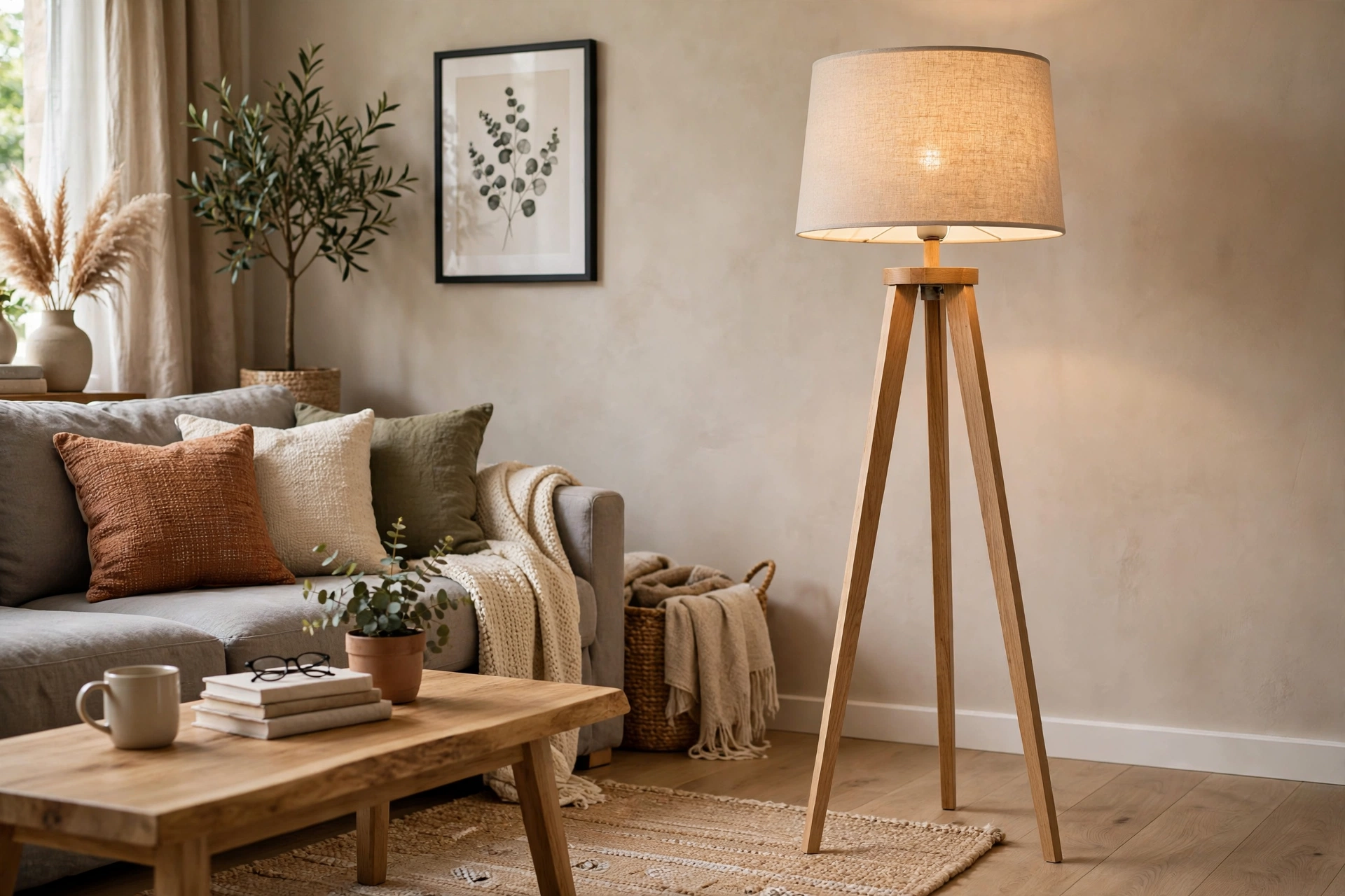 Stylish affordable floor lamp with linen shade in a living room