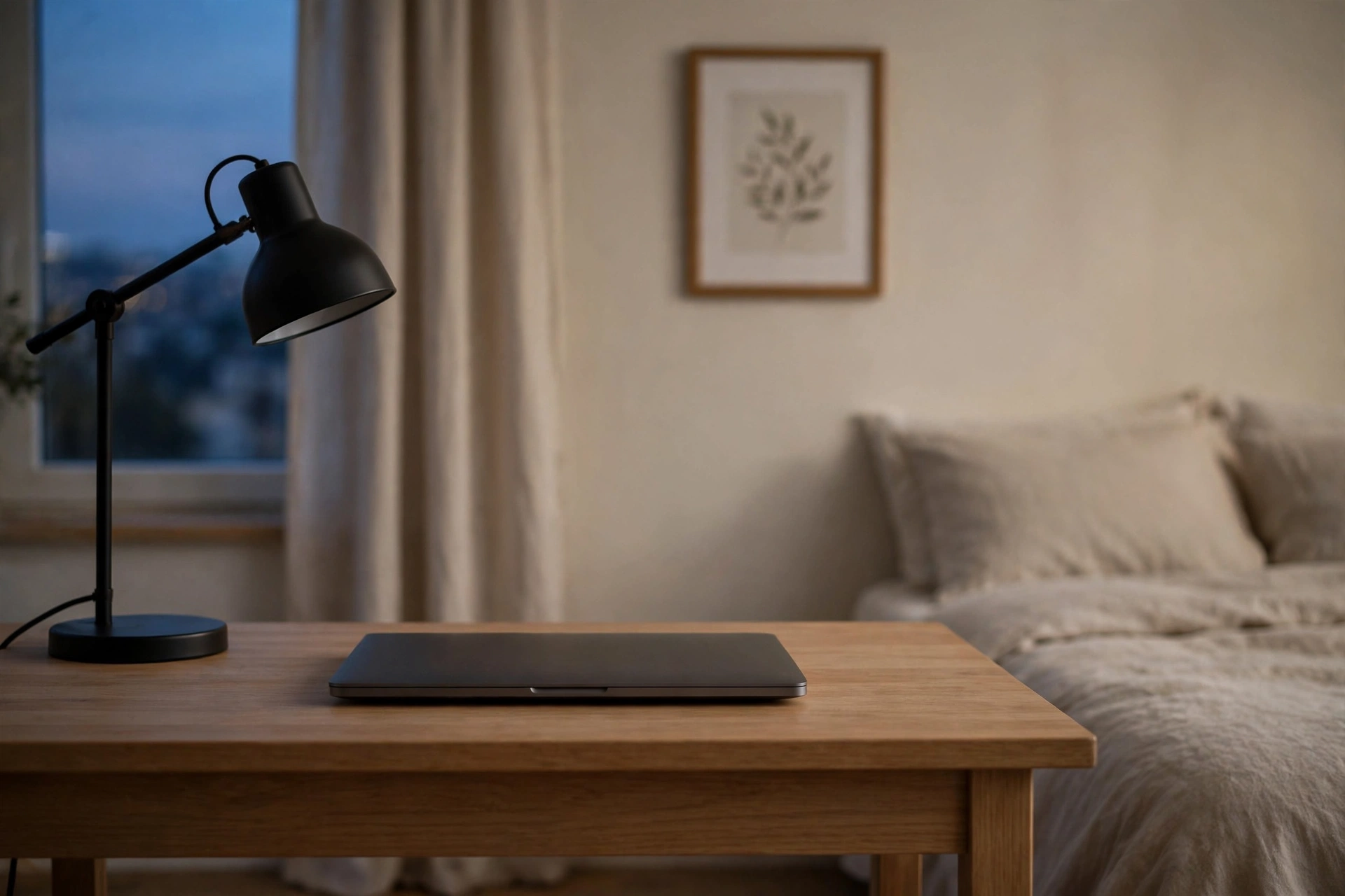 Cleared bedroom desk at the end of the workday with closed laptop and lamp switched off