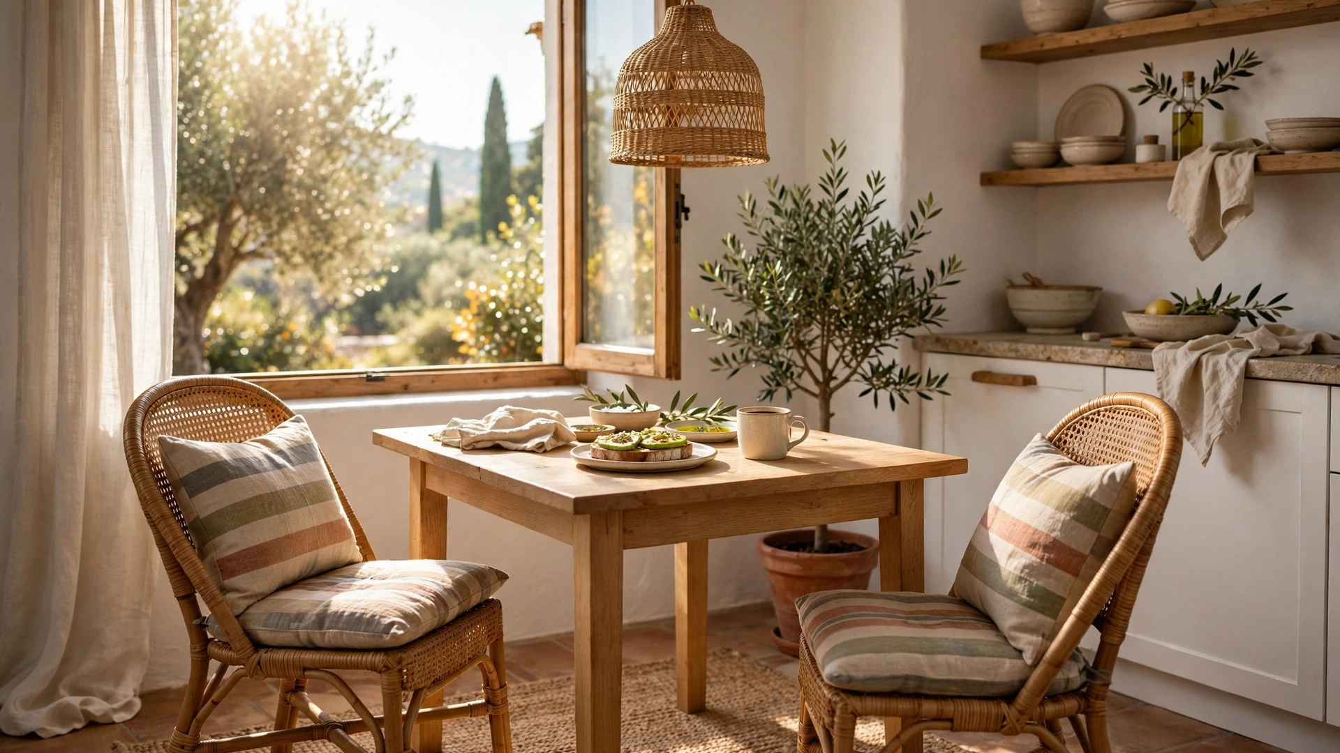 Sunlit Mediterranean breakfast nook with rattan chairs and potted olive tree