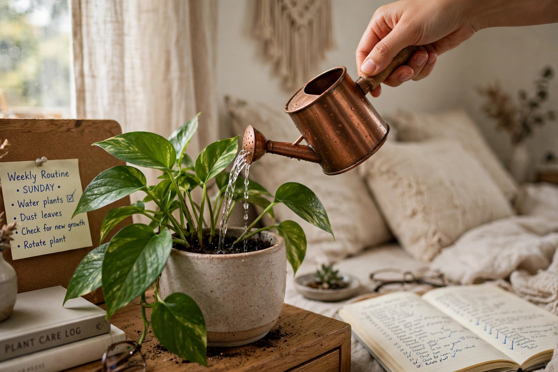 Hand watering a bedroom houseplant with a small watering can during a weekly routine