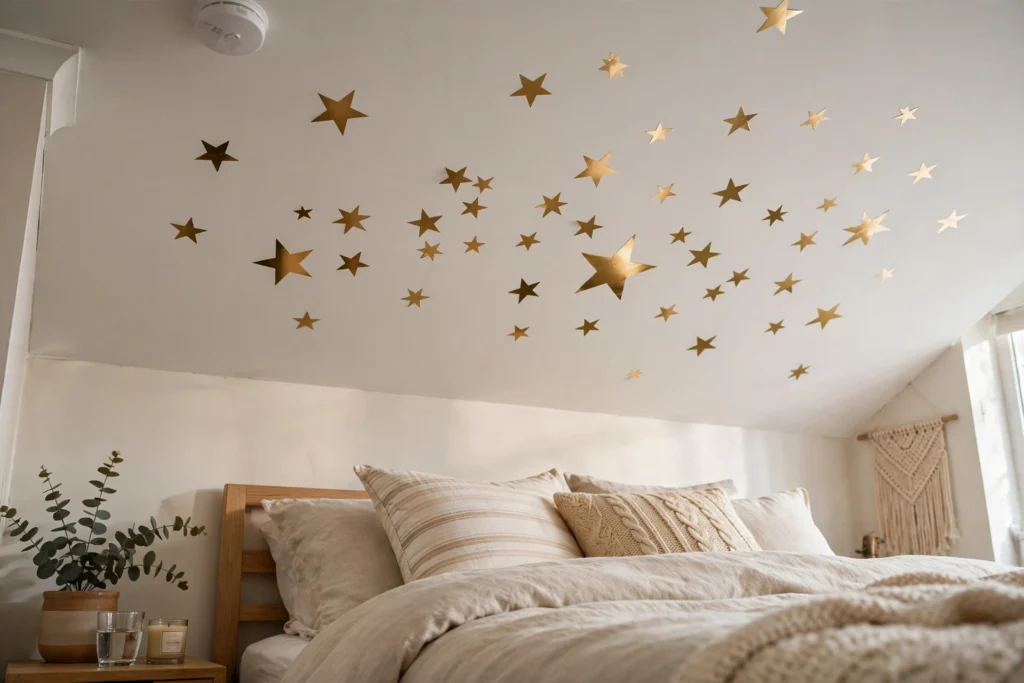 Renter-friendly bedroom ceiling decorated with peel-and-stick star decals above the bed