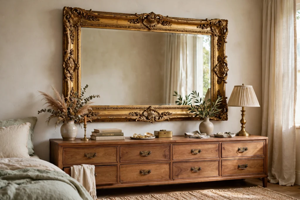 Oversized mirror with a bold vintage gold statement frame hanging above a bedroom dresser