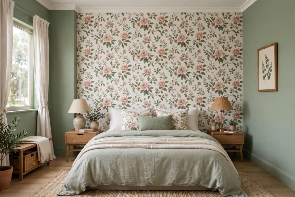 Bedroom pairing floral wallpaper on one wall with coordinating painted walls