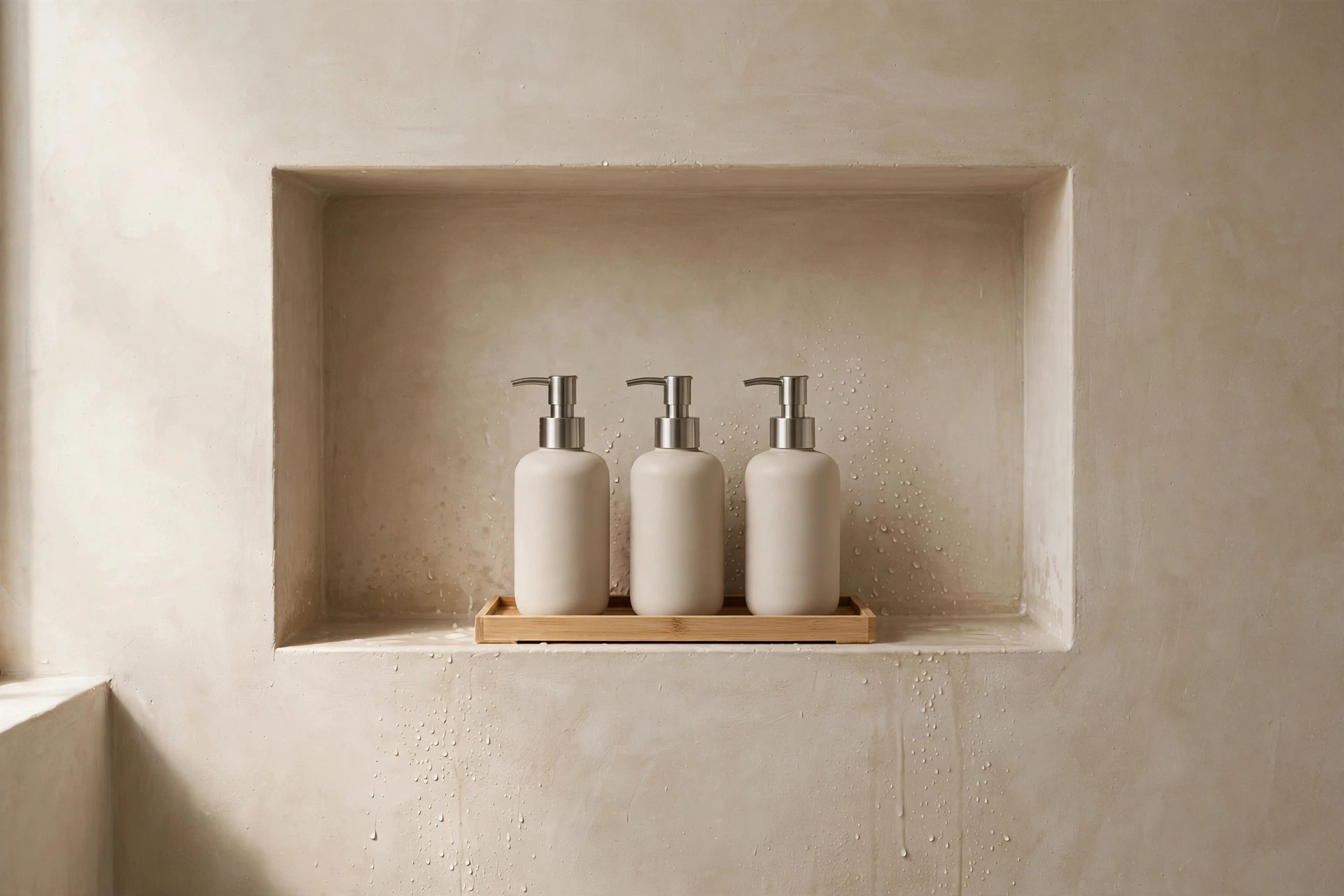 Minimal styled shower niche with matching pump bottles on a tray