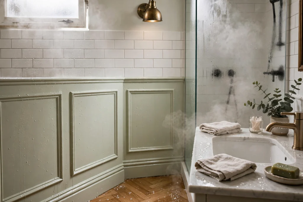 Freshly painted satin finish wainscoting in a steamy bathroom