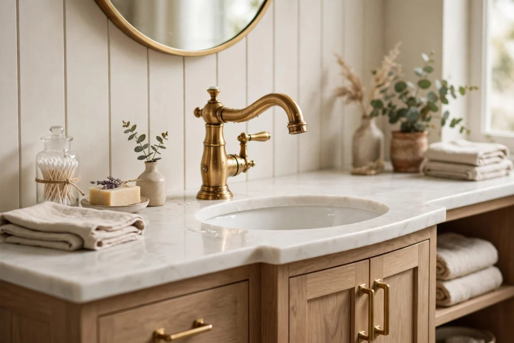 High quality solid brass faucet as the hero of a styled vanity