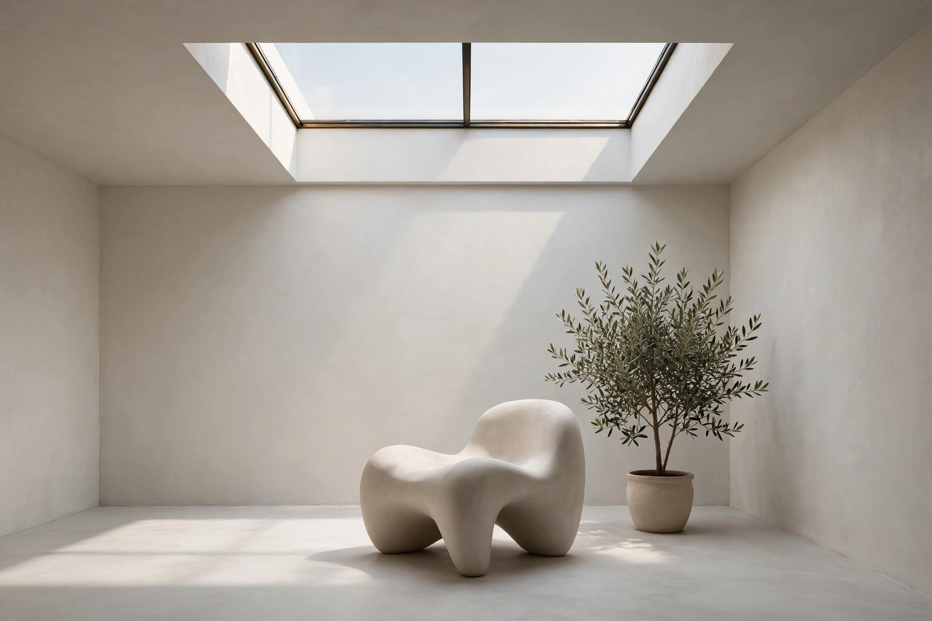Minimal styled space beneath a skylight with a sculptural stool and plant