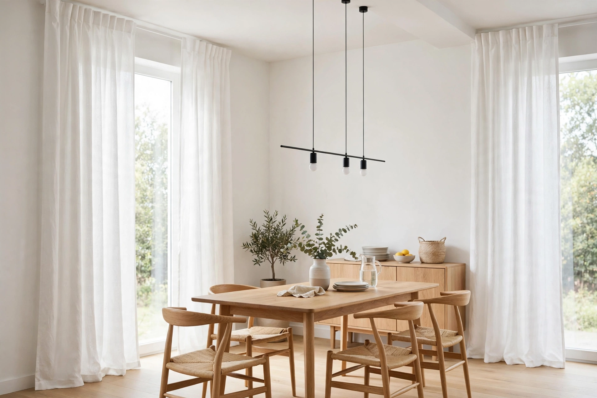 Simple white cotton curtains hung high in a fresh modern dining room
