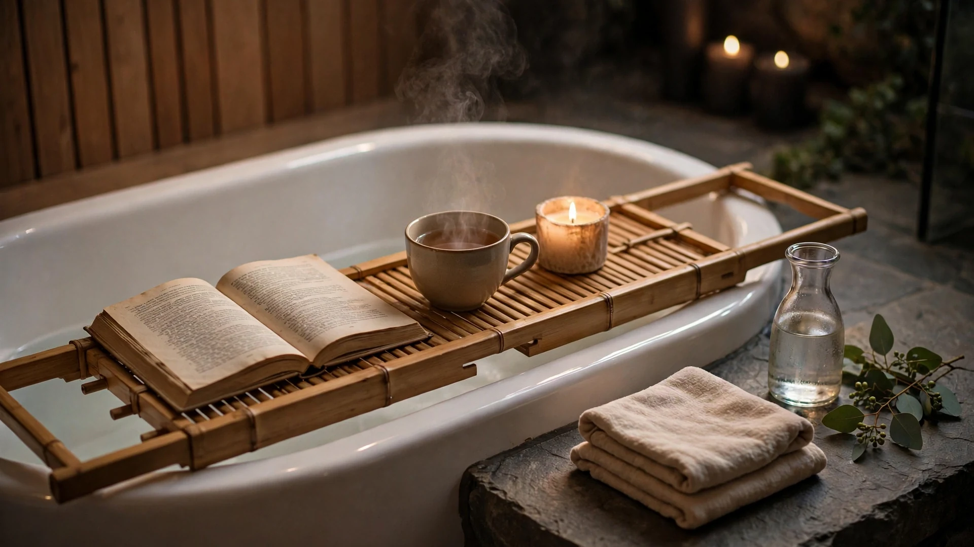 Bath caddy with book, tea, and candle across a spa soaking tub