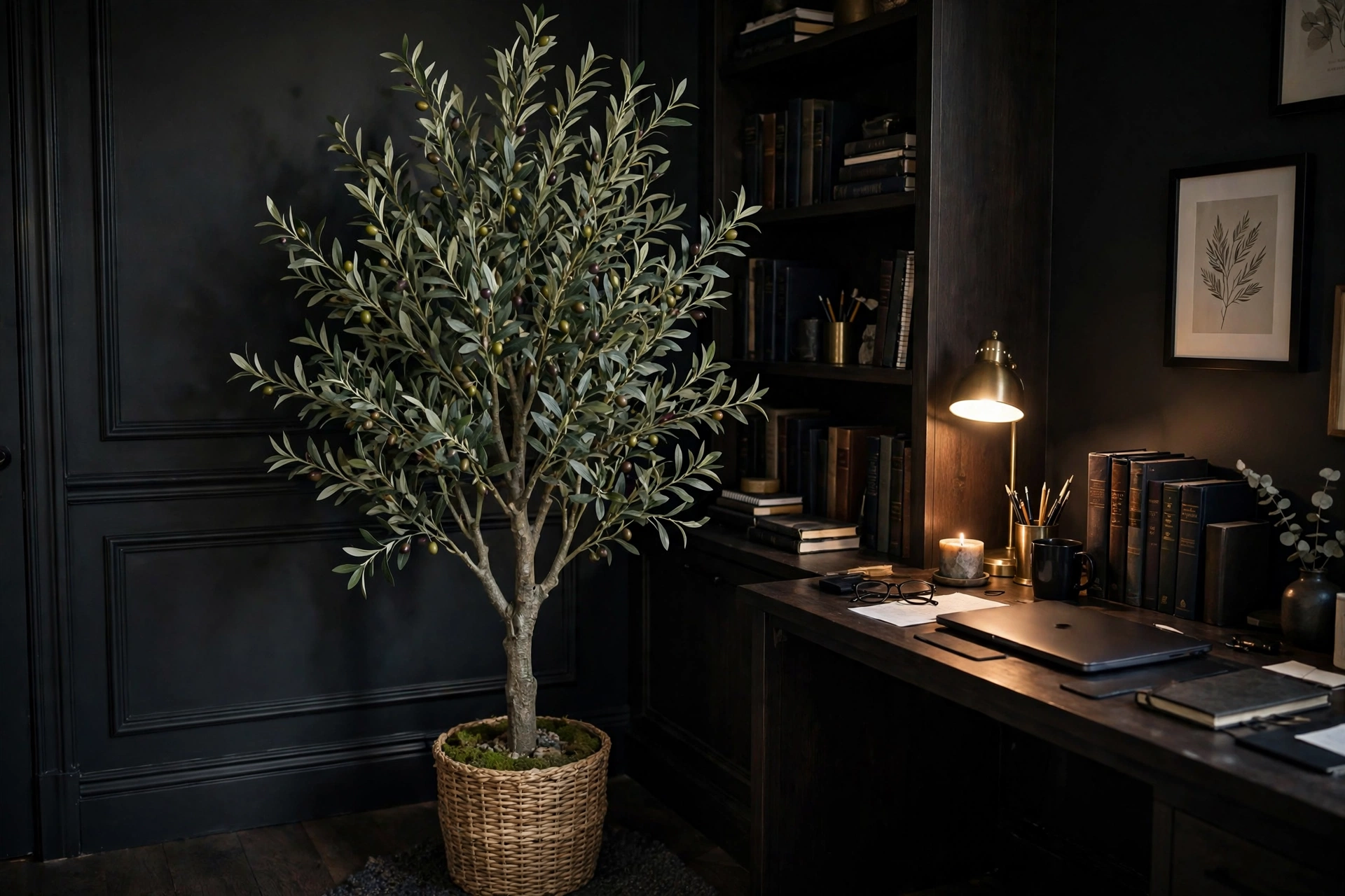 Realistic faux olive tree styled in a dark home office corner