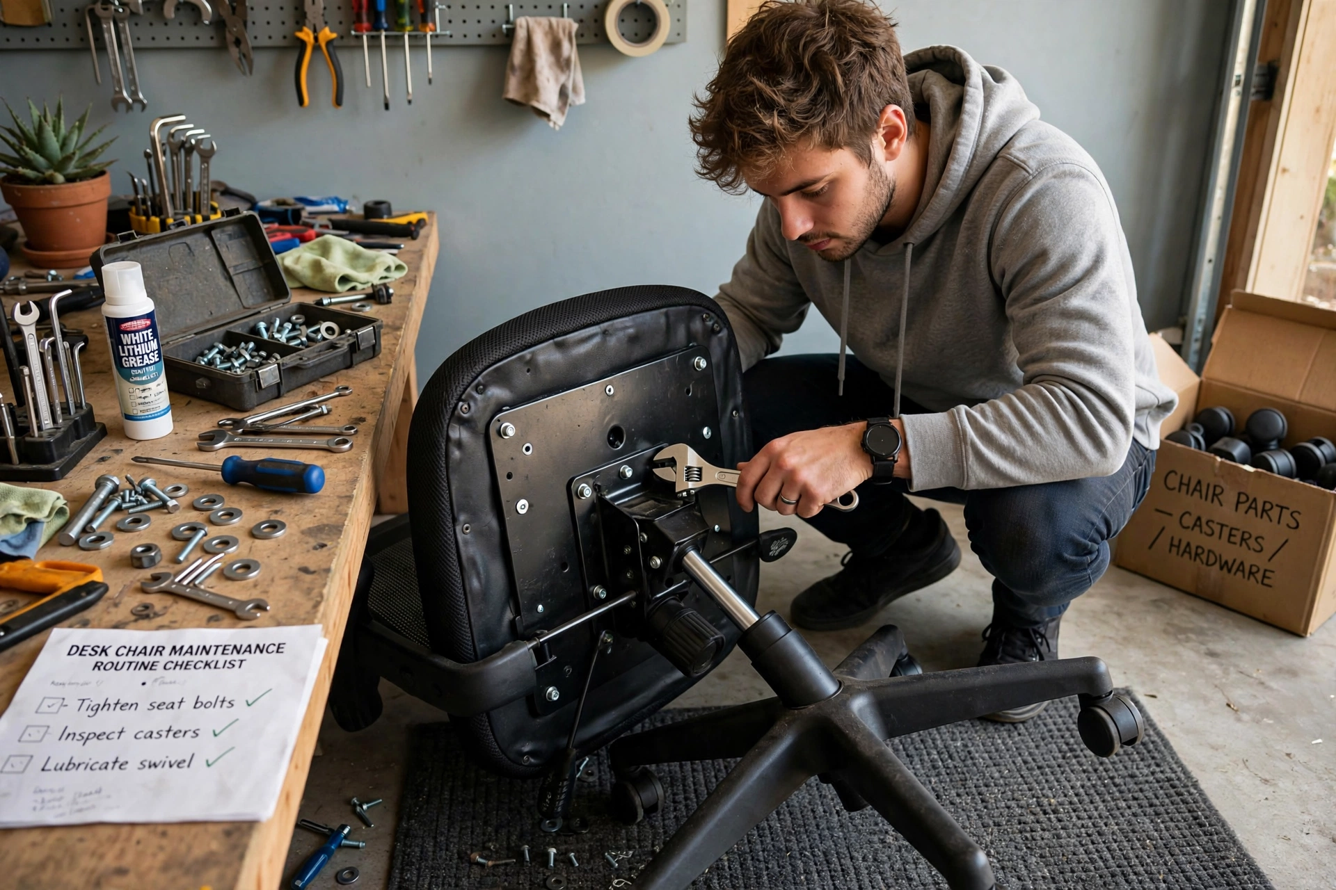 Person tightening bolts during routine desk chair maintenance