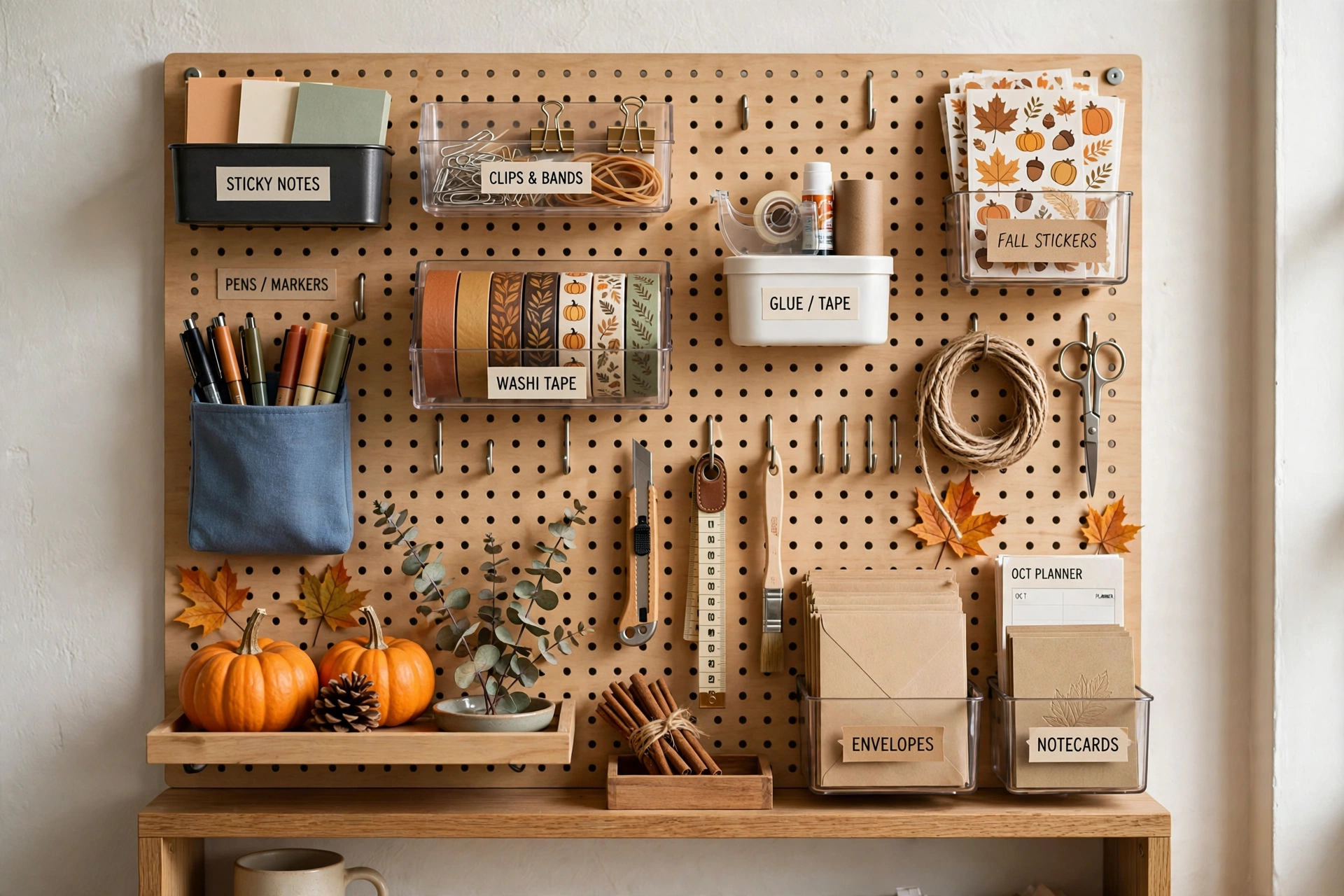 Freshly reorganized home office pegboard with tidy hooks bins and seasonal work supplies