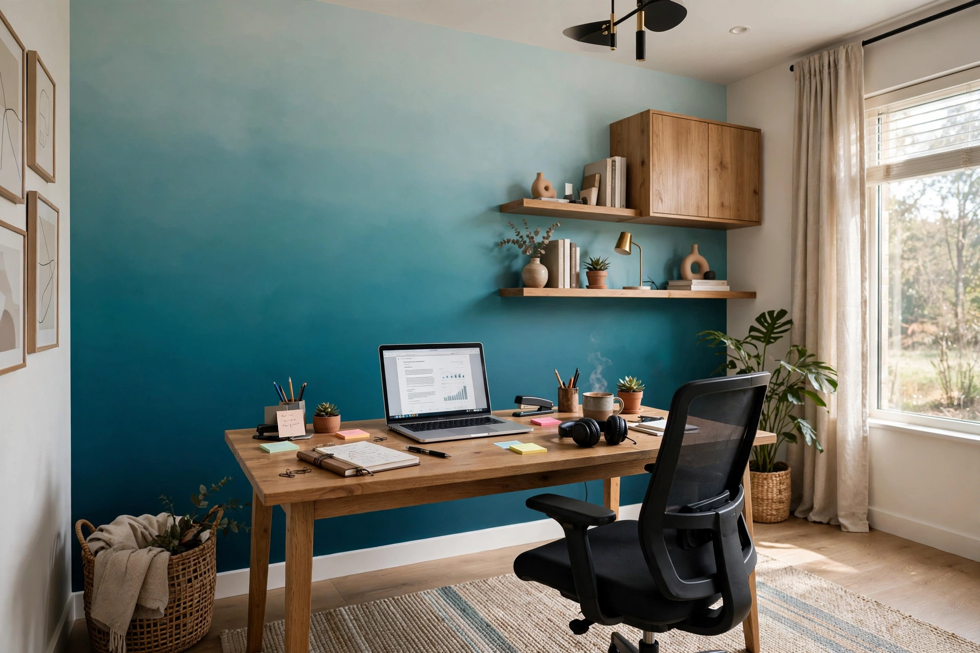 Home office with a teal ombre accent wall fading from deep at the floor to pale at the ceiling
