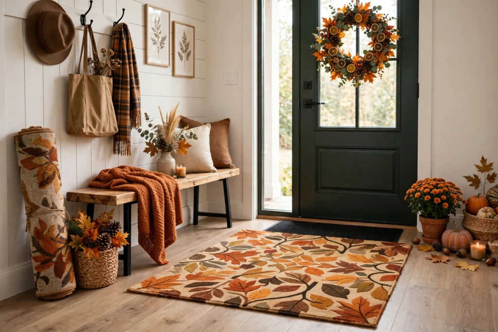 Fresh seasonal rug swap giving an entryway a new look for autumn