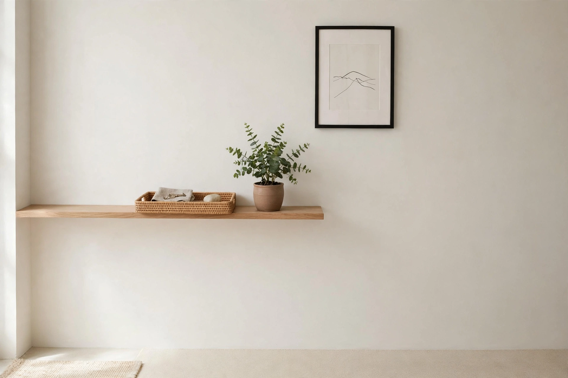 Minimal entryway shelf with plenty of empty space, one tray, a plant, and a single framed print