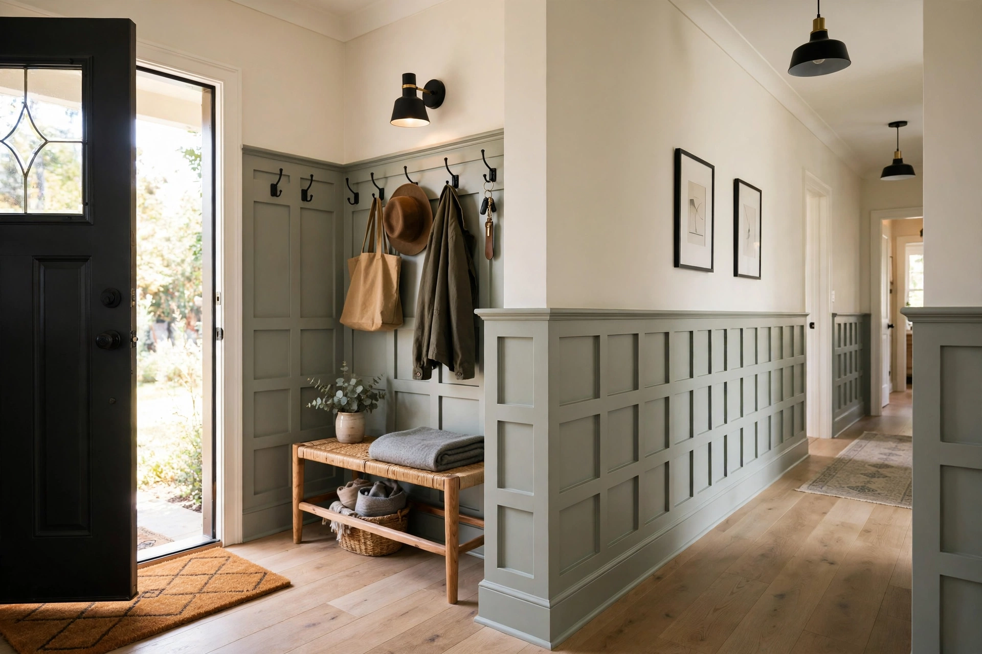 Matching wainscoting continuing from an entryway into an adjoining hallway