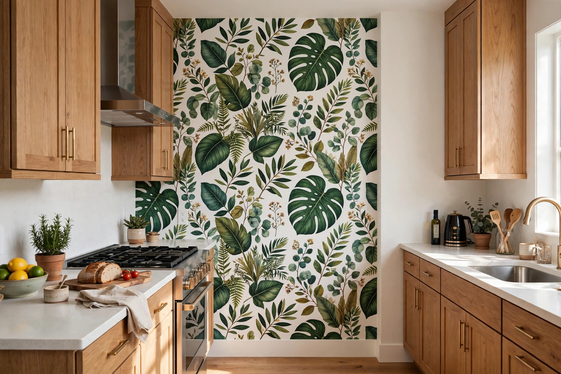 Bold botanical peel and stick wallpaper on one kitchen wall