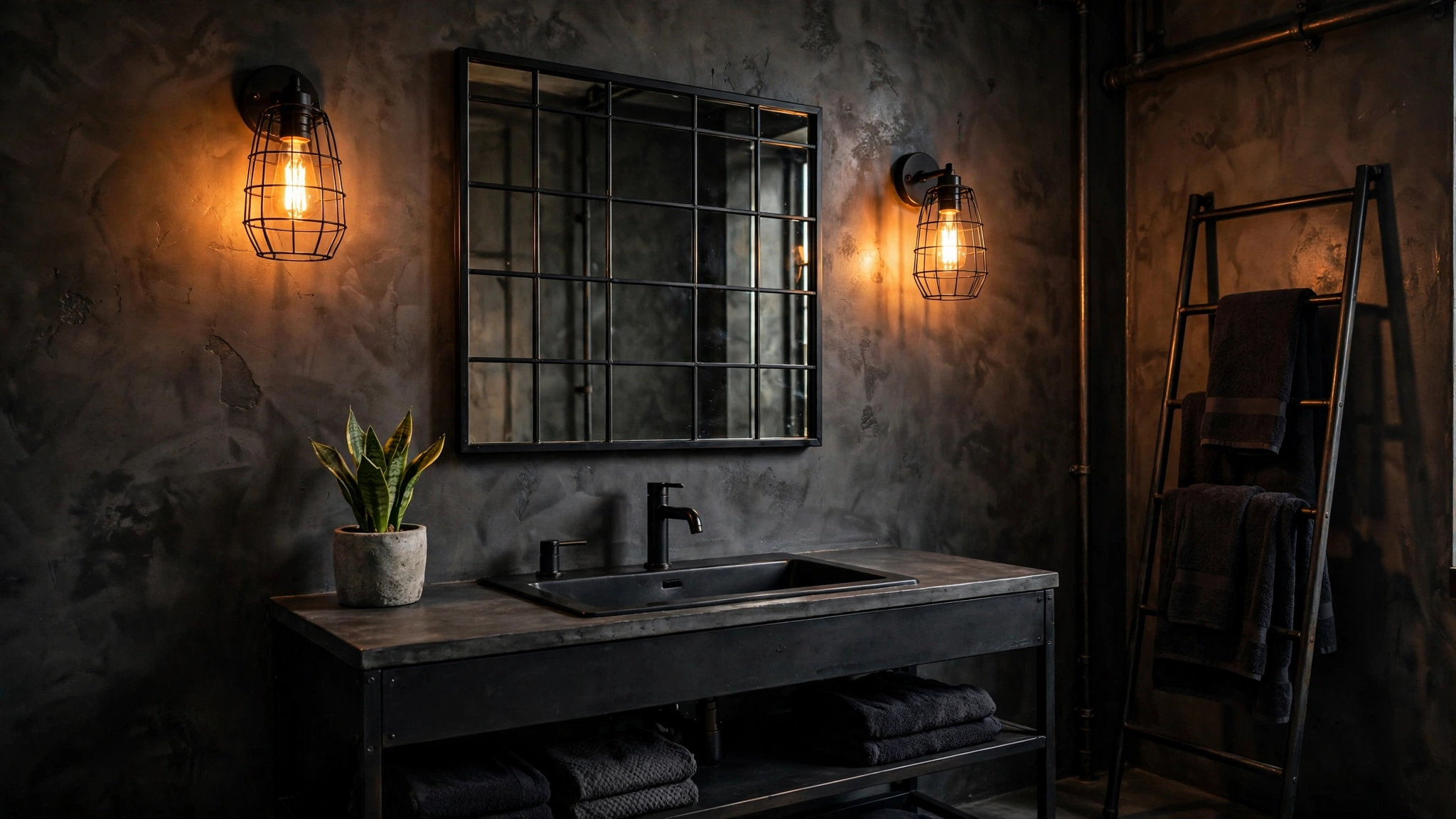 Cage wall sconces with Edison bulbs flanking a grid mirror beside a steel towel ladder