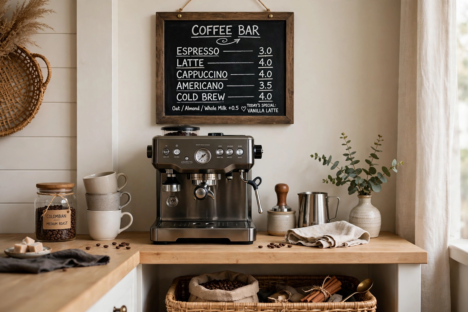 Coffee bar corner with a small chalkboard menu above the machine