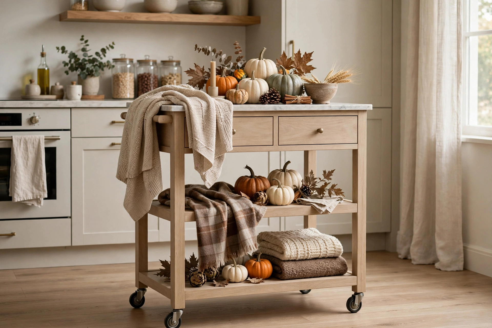 Neutral kitchen cart decorated with seasonal fall pumpkins and throws