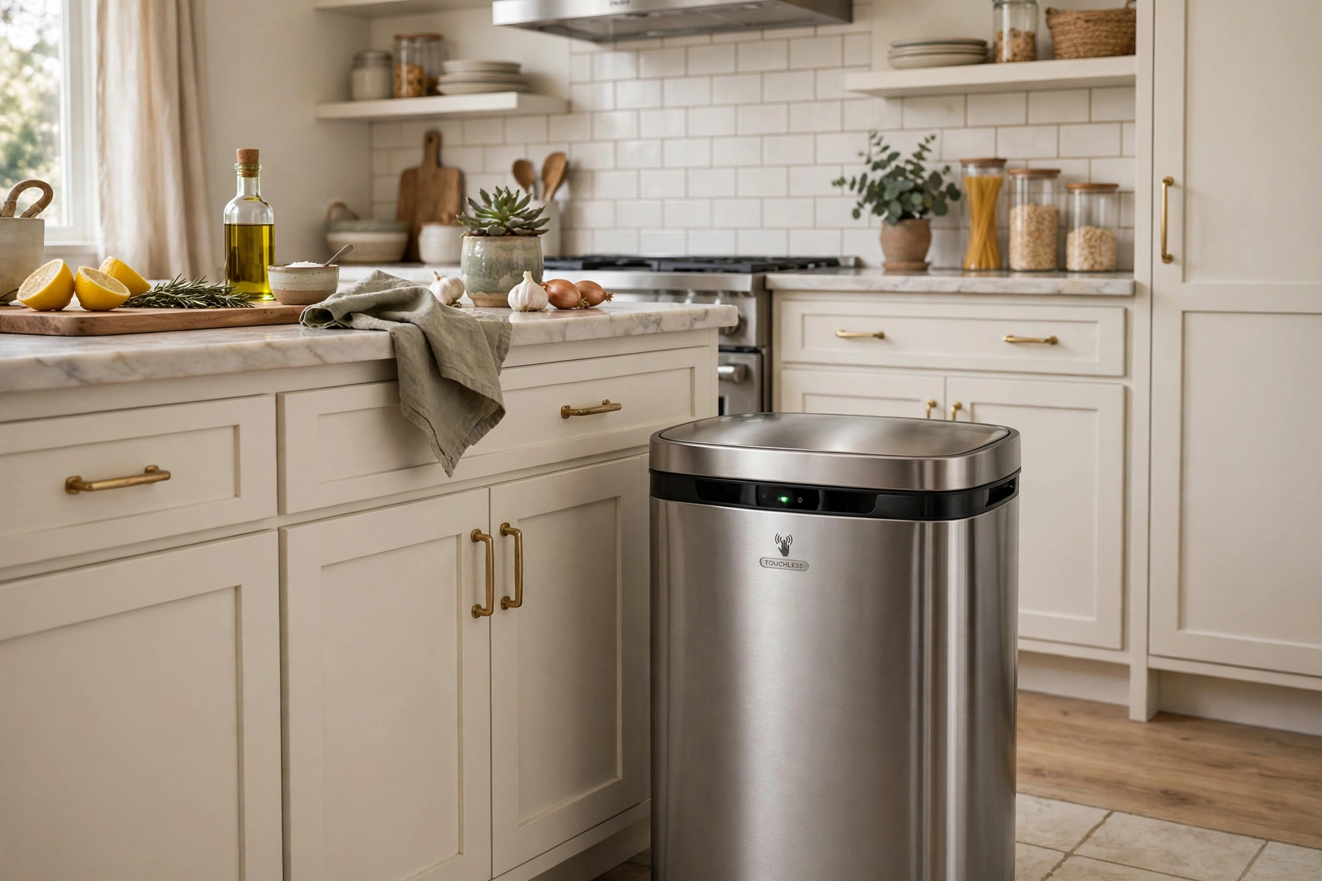 Touchless sensor trash can in brushed steel in a styled kitchen