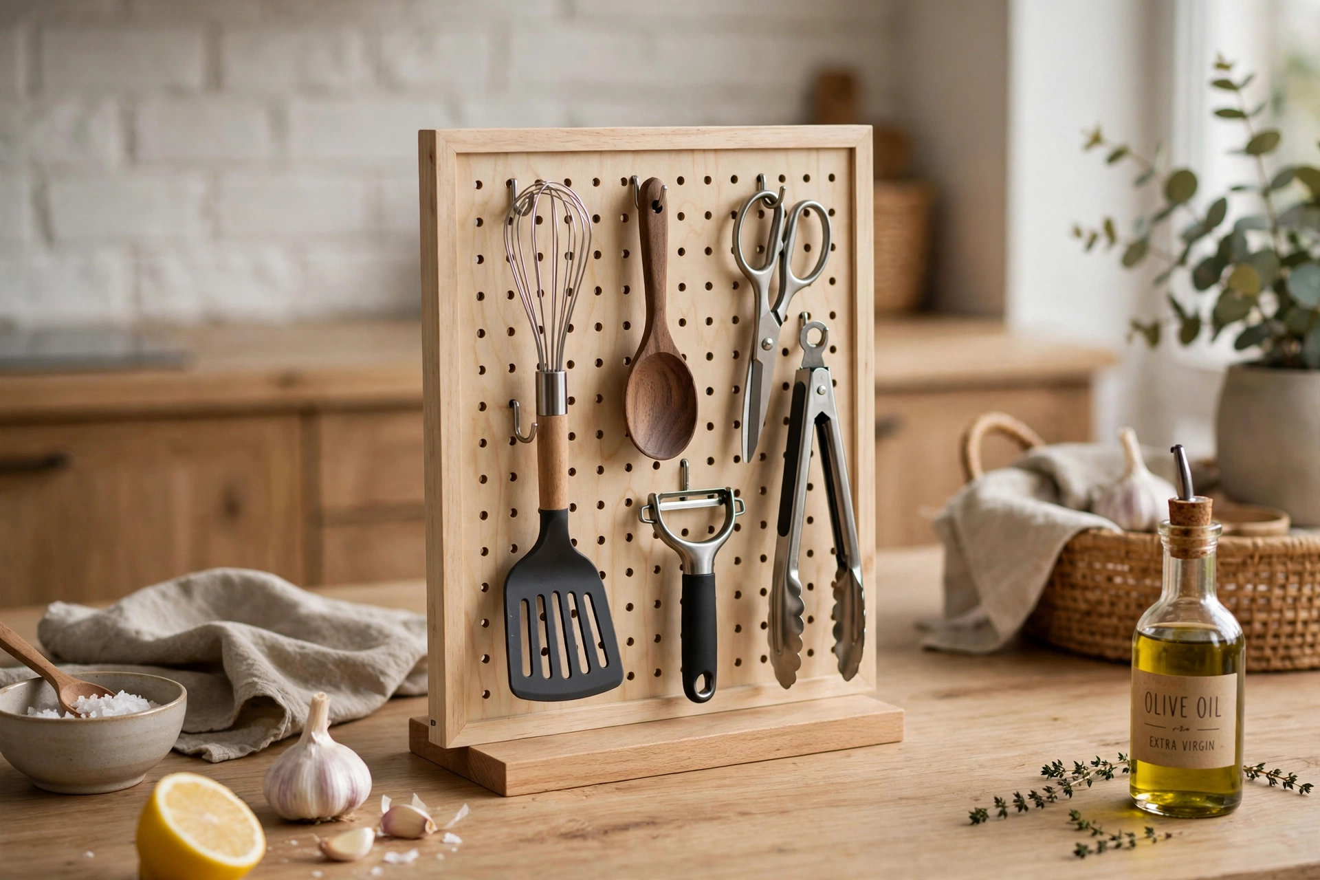 Small countertop pegboard panel with hooks holding kitchen tools