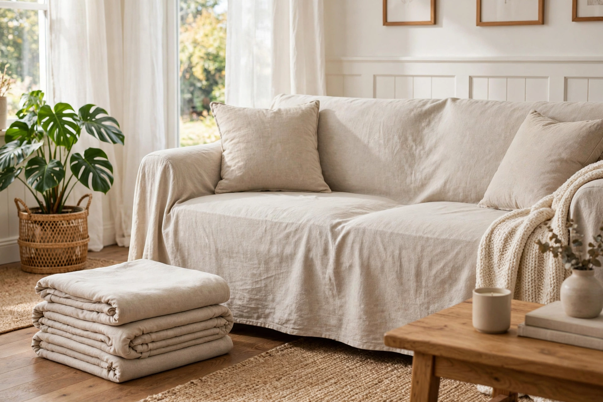 Folded spare slipcover stacked neatly beside a covered living room sofa