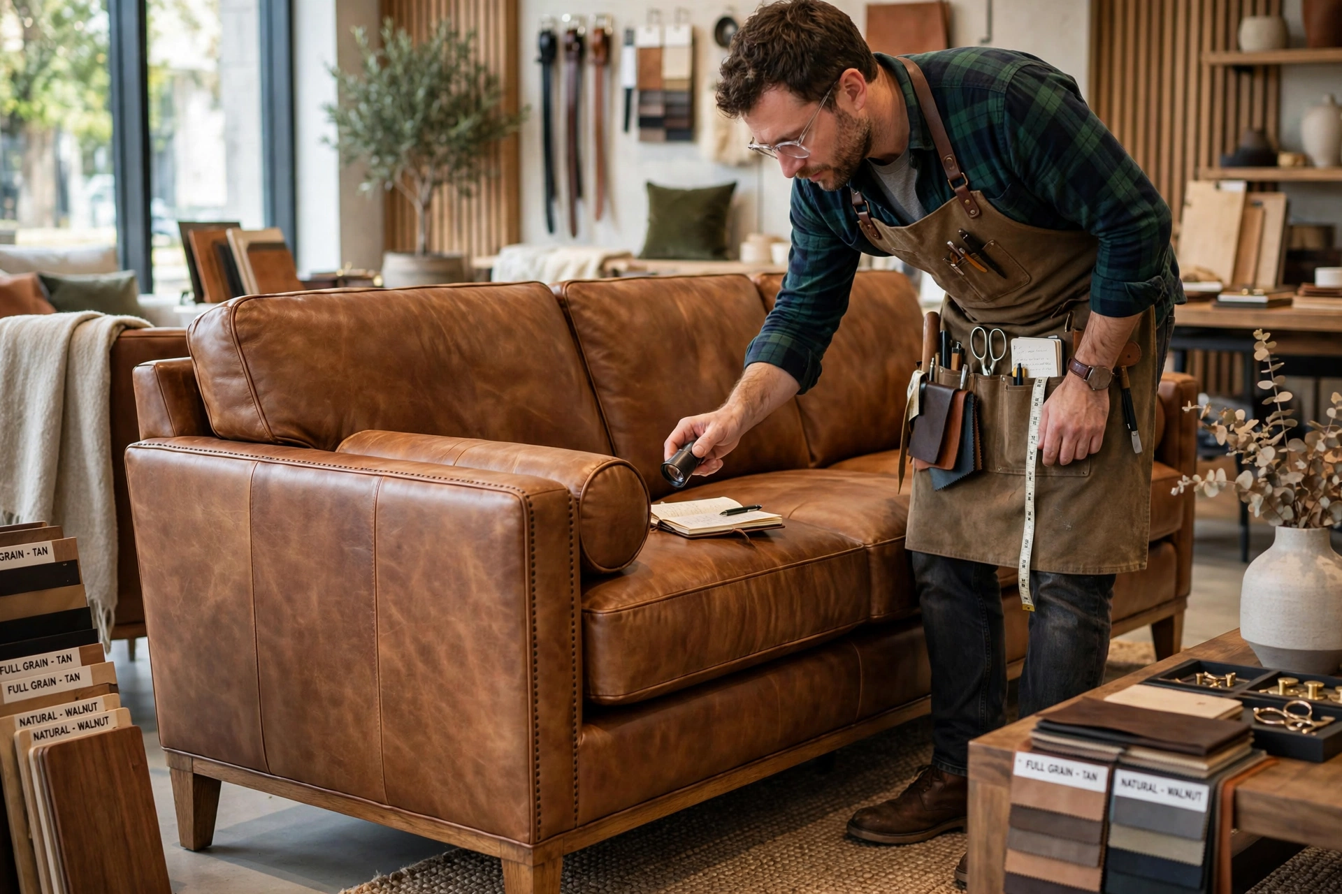 Craftsman inspecting a quality full grain leather sofa in a showroom