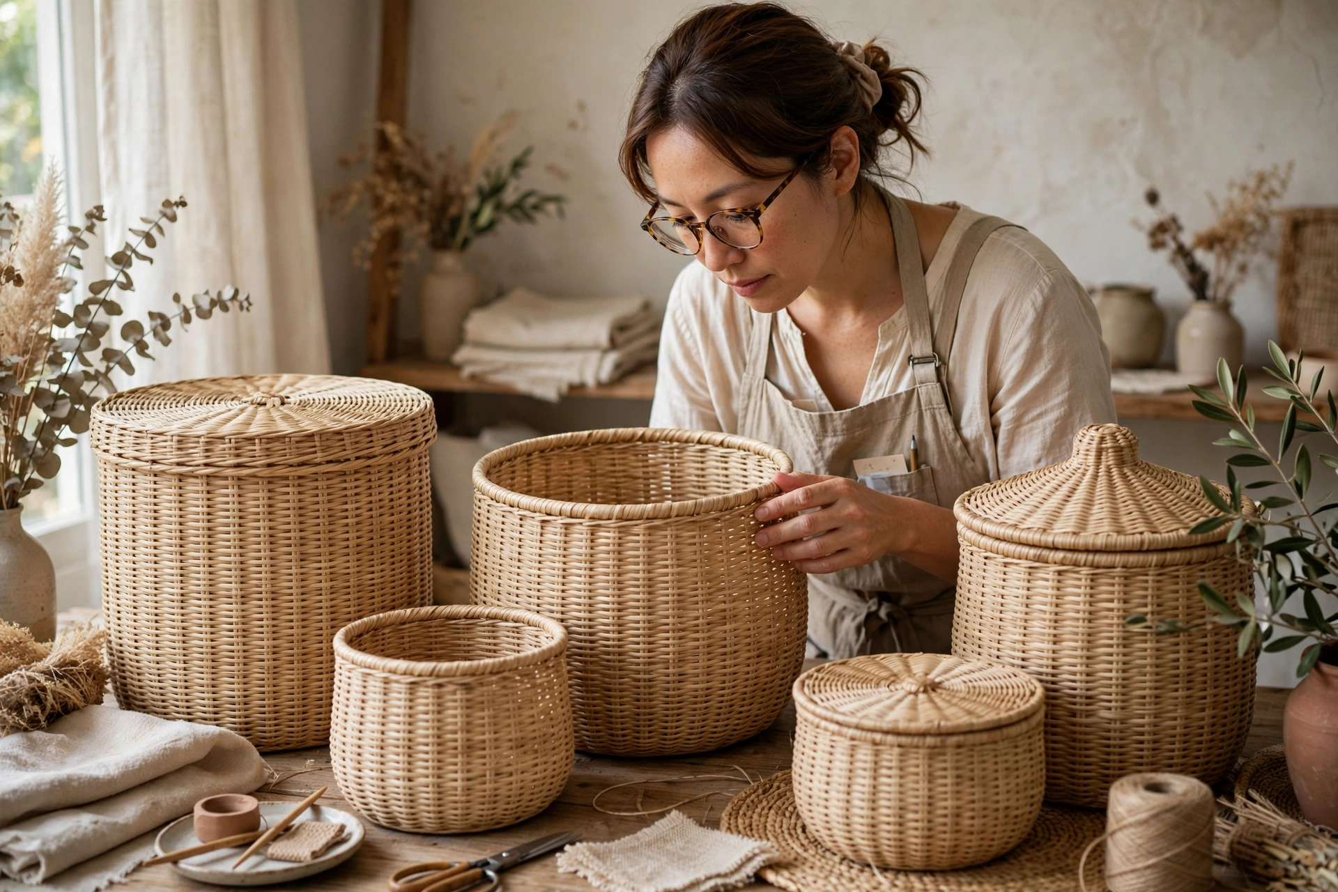 Artisan inspecting tightly handwoven quality storage baskets