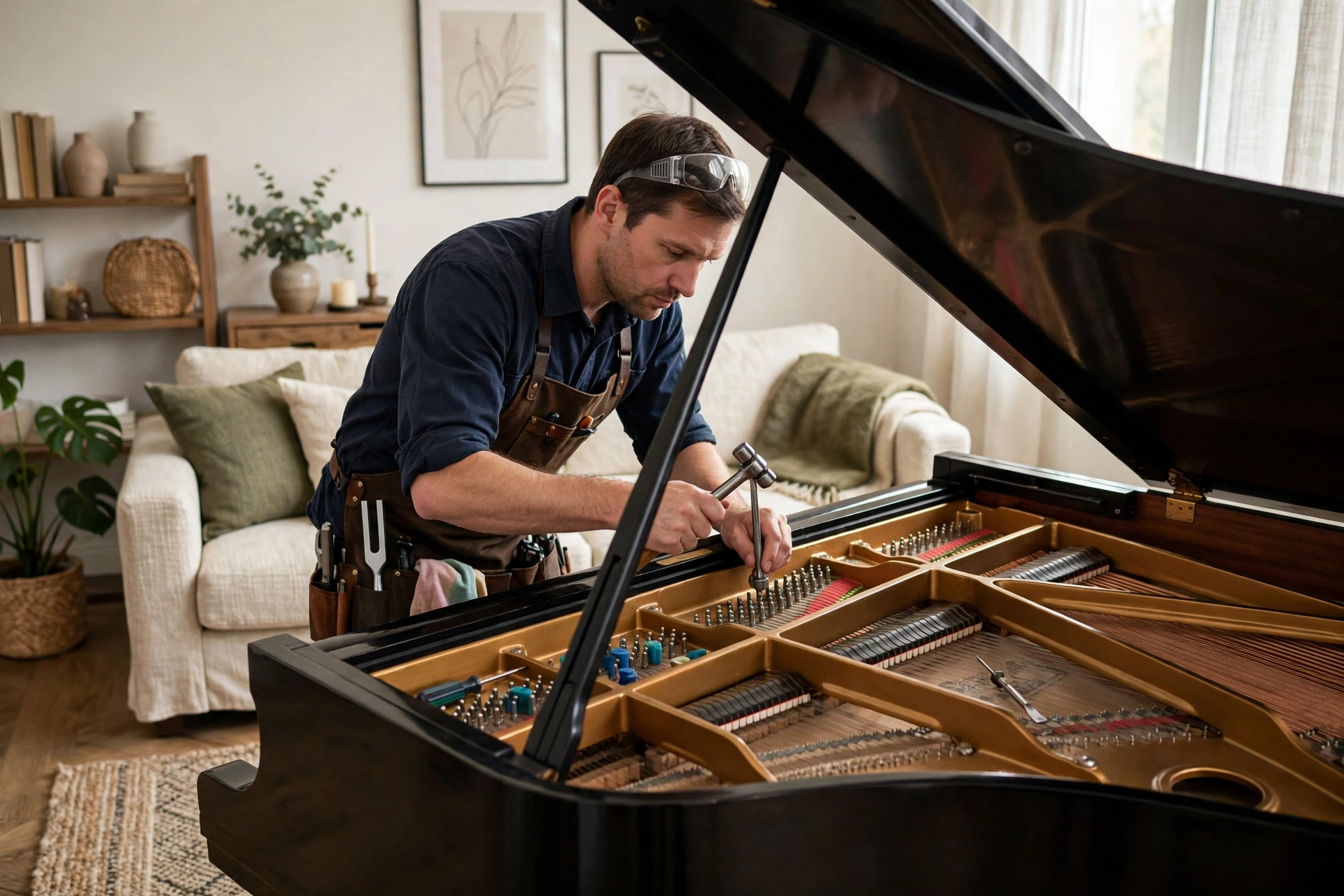 Piano technician tuning a grand piano with professional tools
