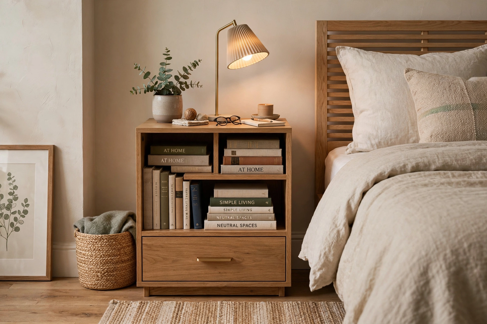 Compact nightstand bookcase hybrid beside a bed with reading lamp