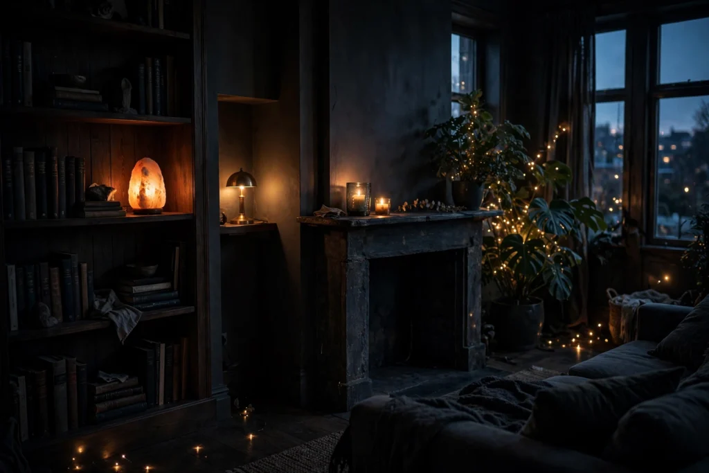 Dusk living room dotted with small warm glows: salt lamp, candles and fairy lights