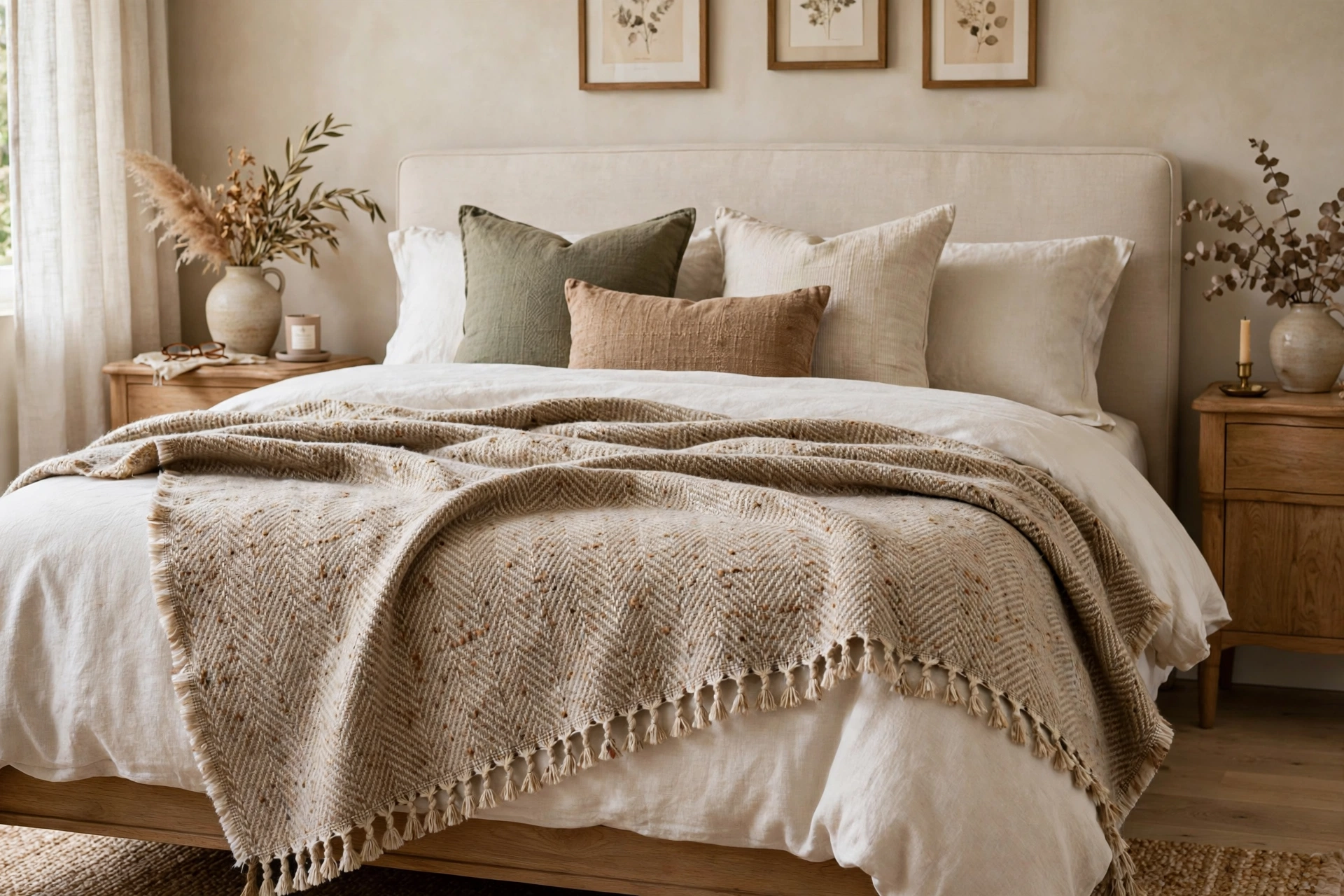 Hand-loomed wool throw blanket with finished edges on an elegant bed