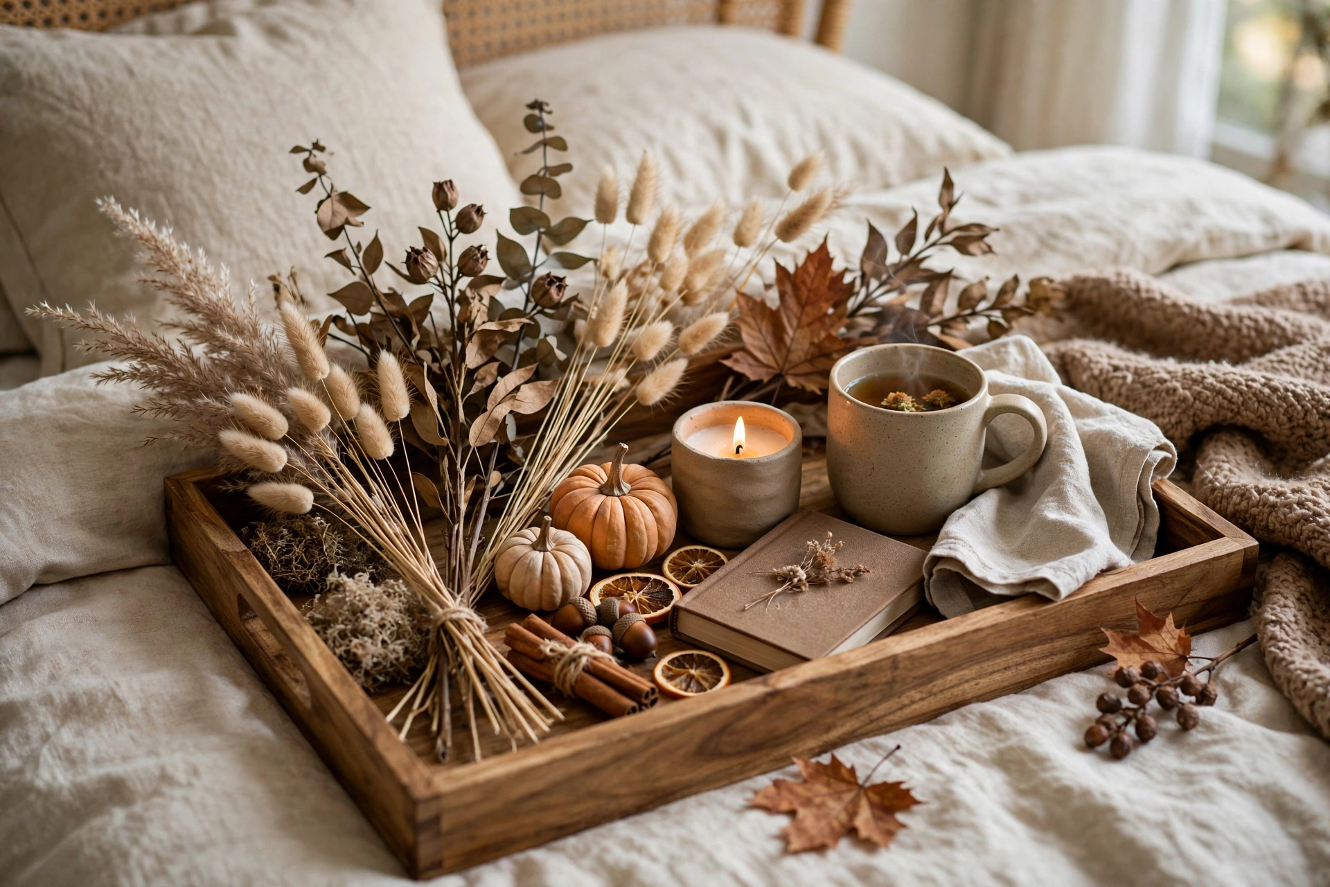 Bedroom tray styled with seasonal autumn decor and dried stems