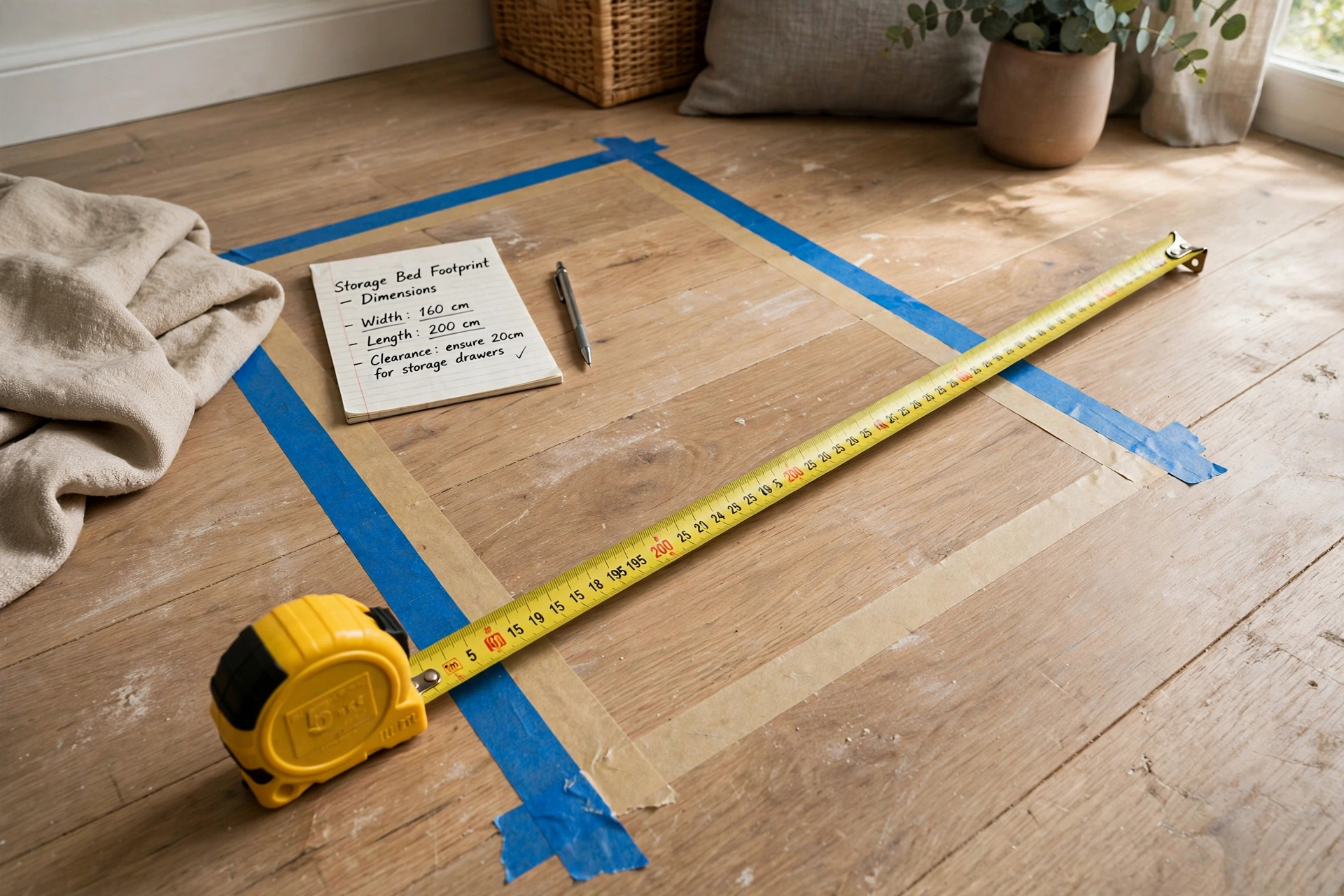 Tape measure on bedroom floor marking storage bed footprint dimensions