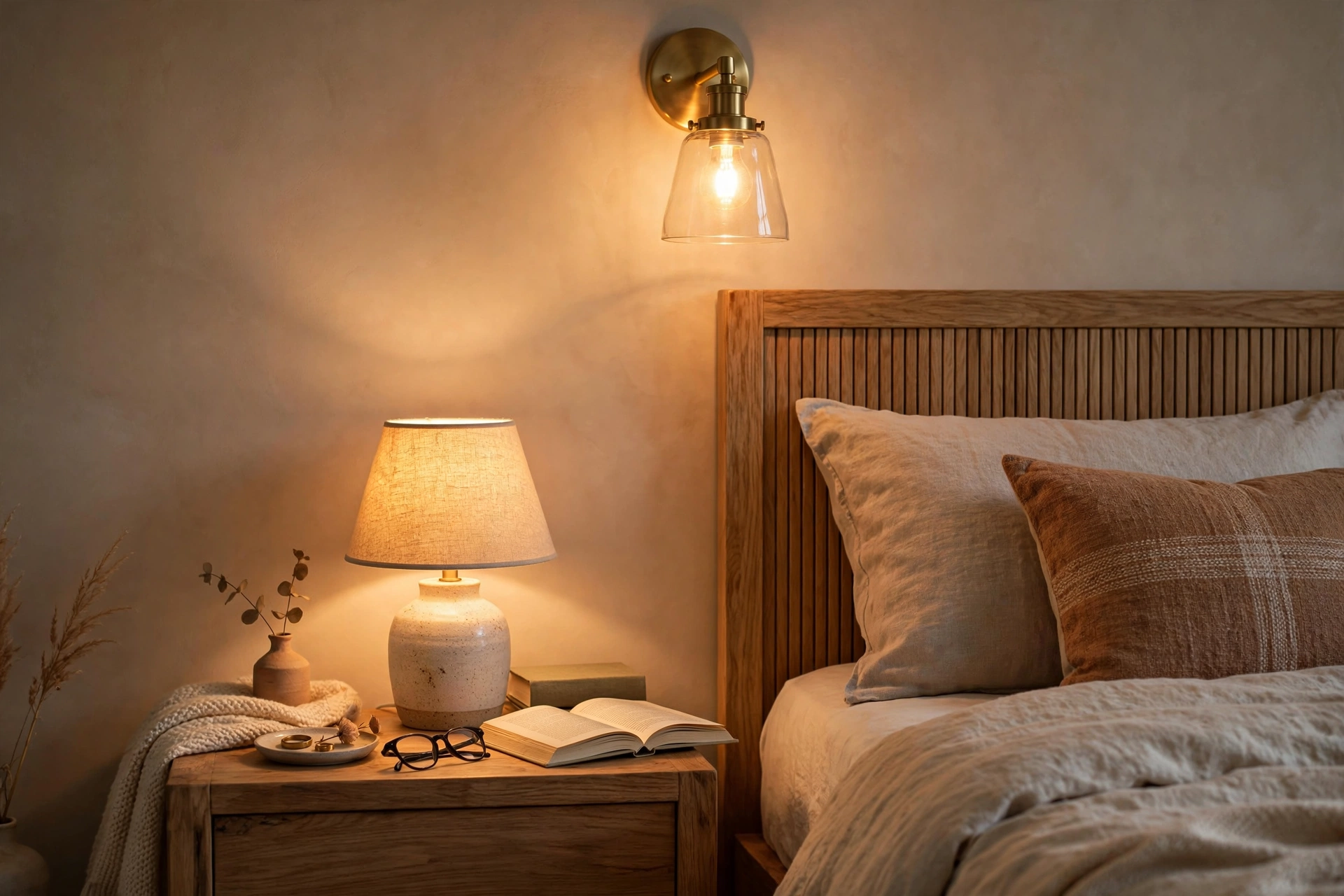 Bedside with both wall sconce and small table lamp glowing together