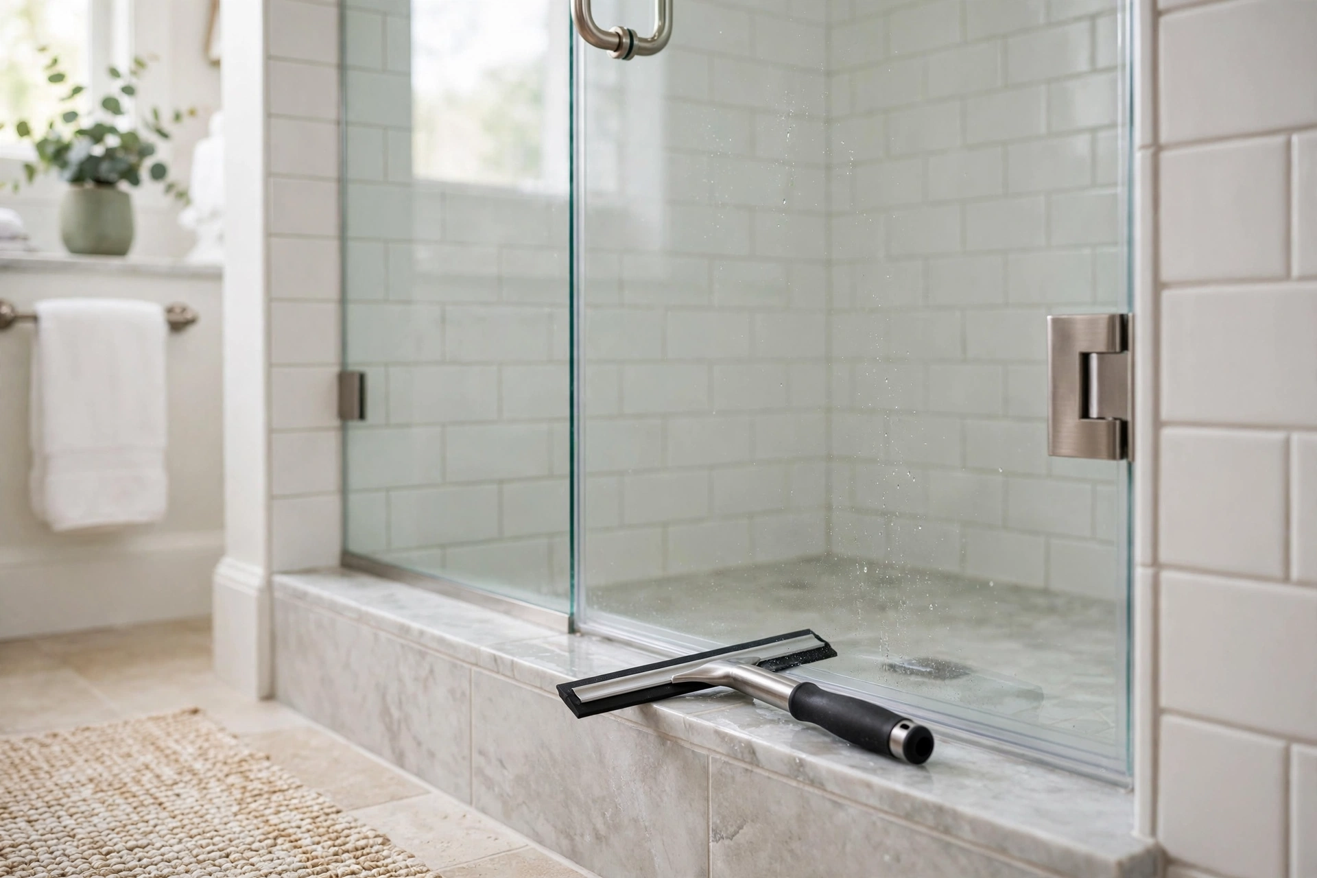 Spotless glass shower door with a squeegee resting on the tile ledge