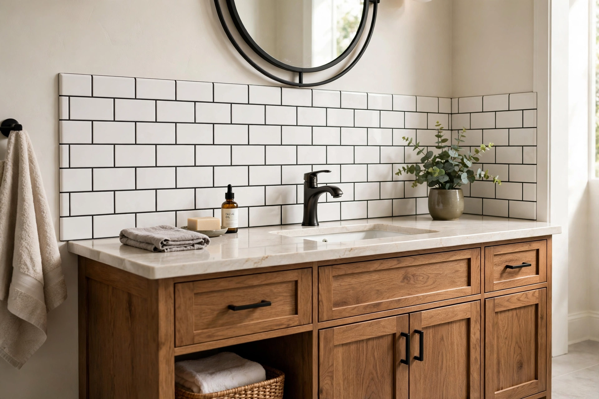 Subway tile backsplash with contrasting dark grout lines in a bathroom