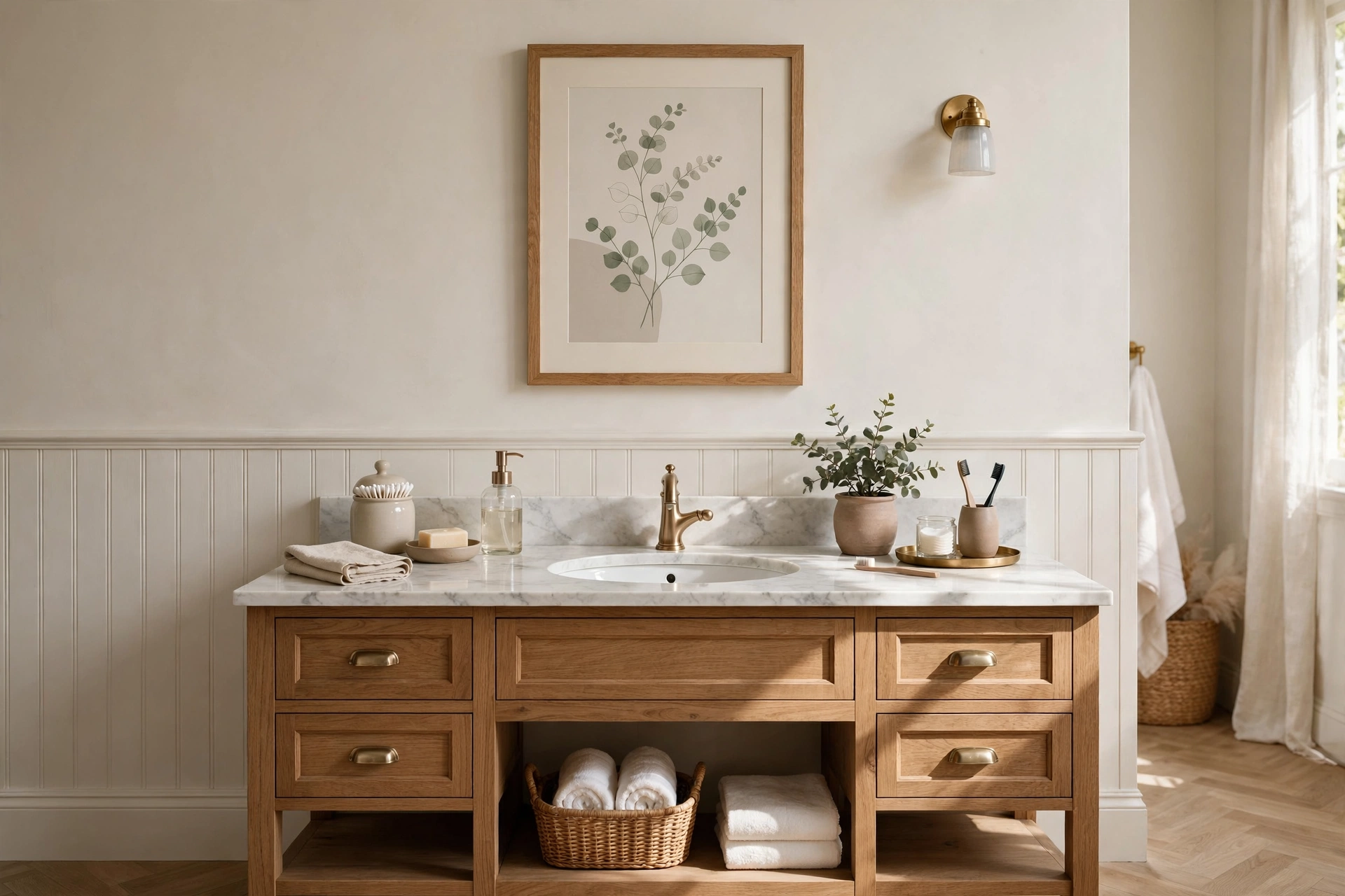 Well scaled framed art hung at eye level above a bathroom vanity