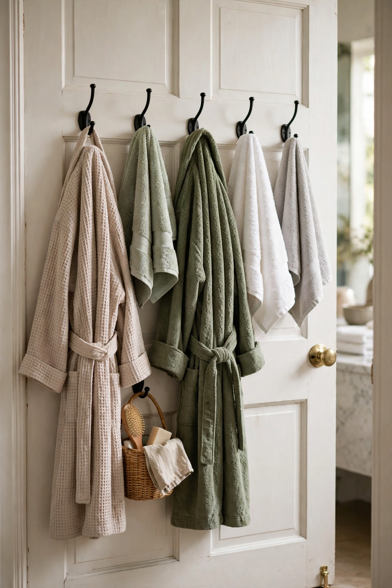 Organized back of a bathroom door with hooks holding robes and towels