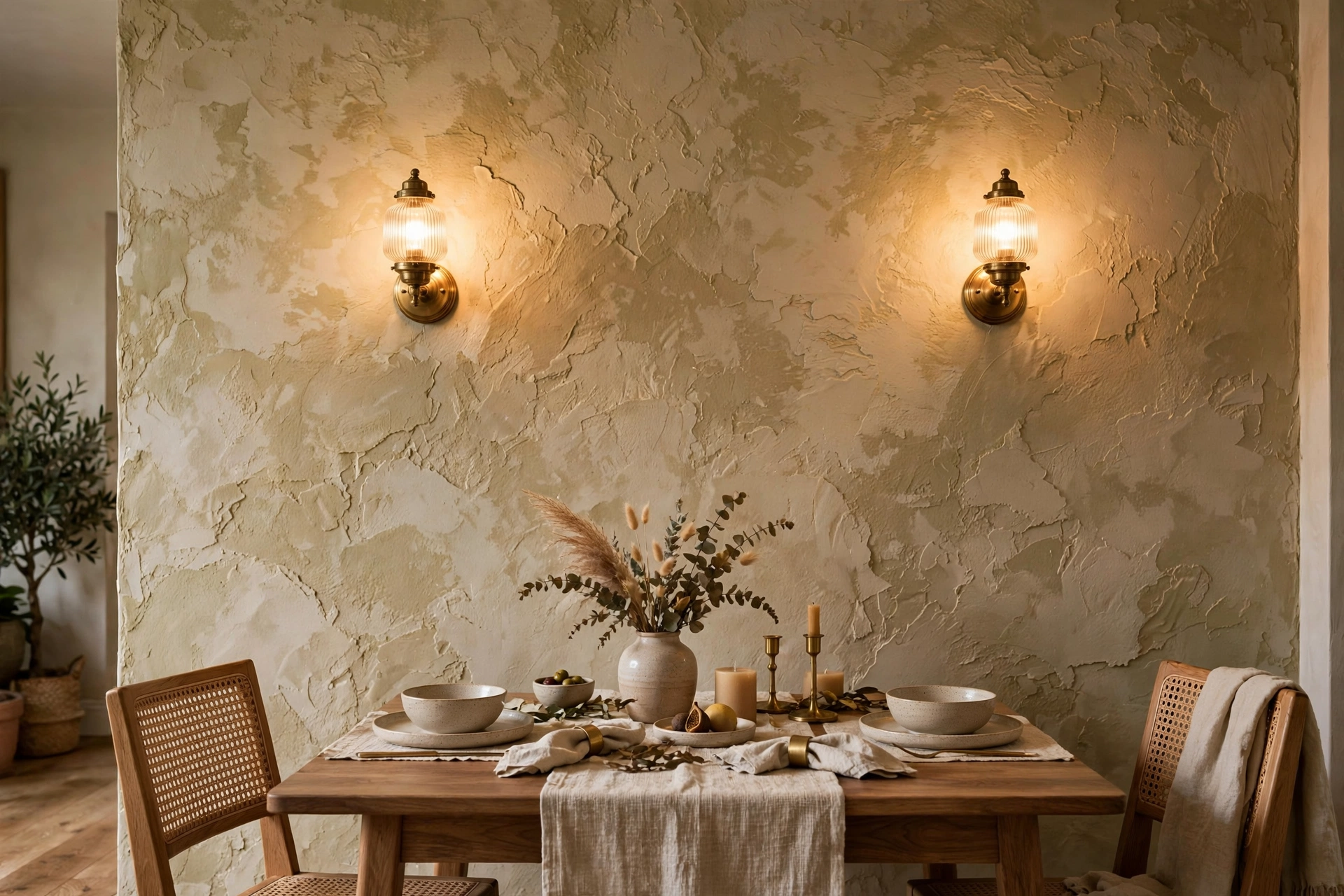 Warm wall sconces washing light over a textured dining room accent wall