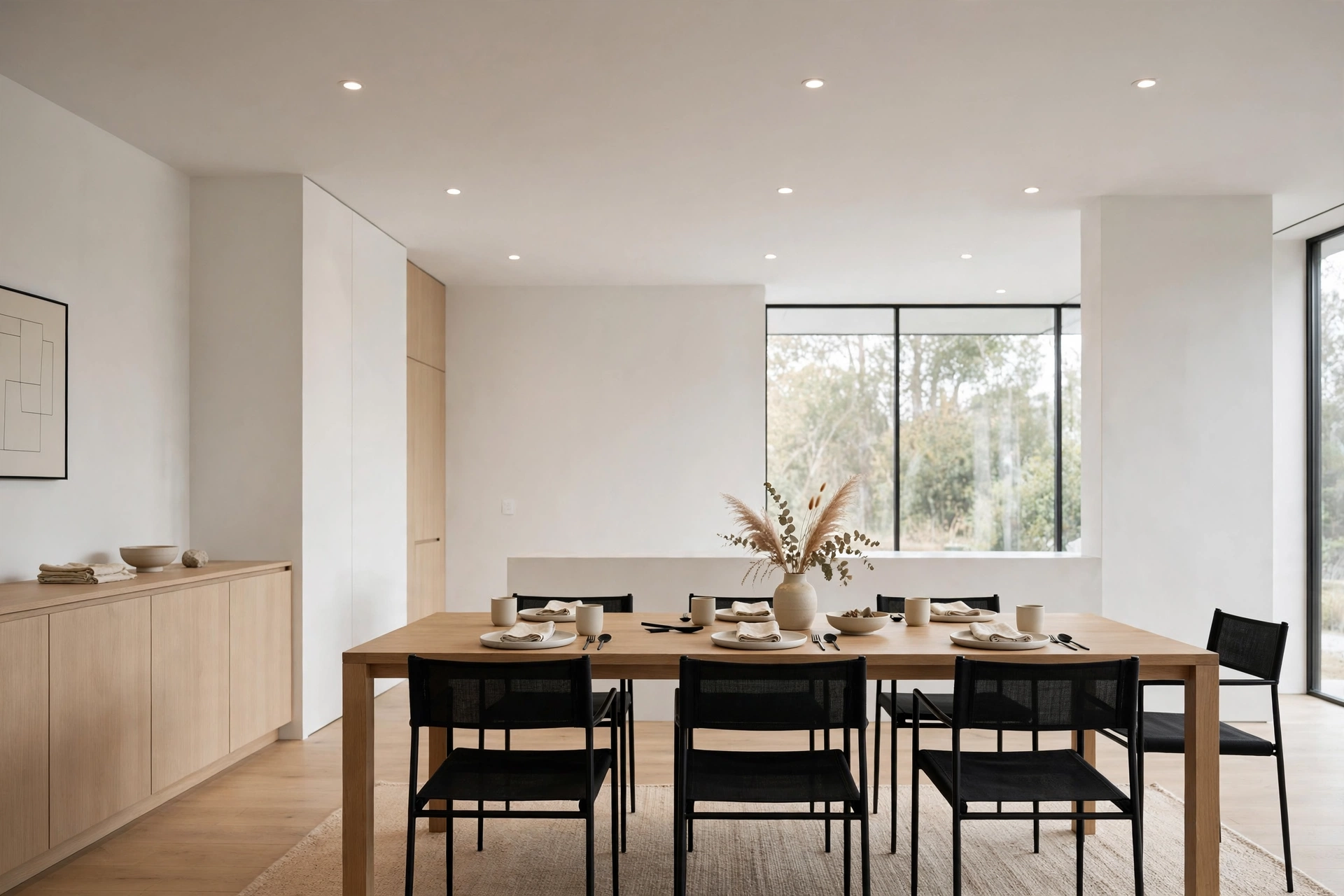 Minimalist dining room with recessed ceiling lights and clean lines