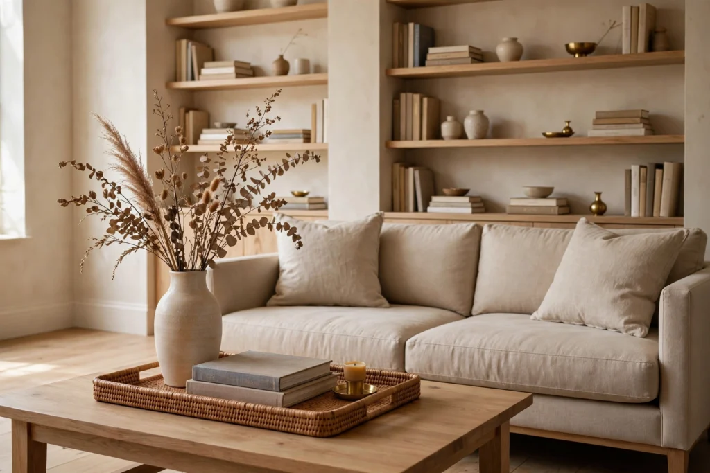 Styled coffee table with tray, vase and books; minimal built-in shelves behind