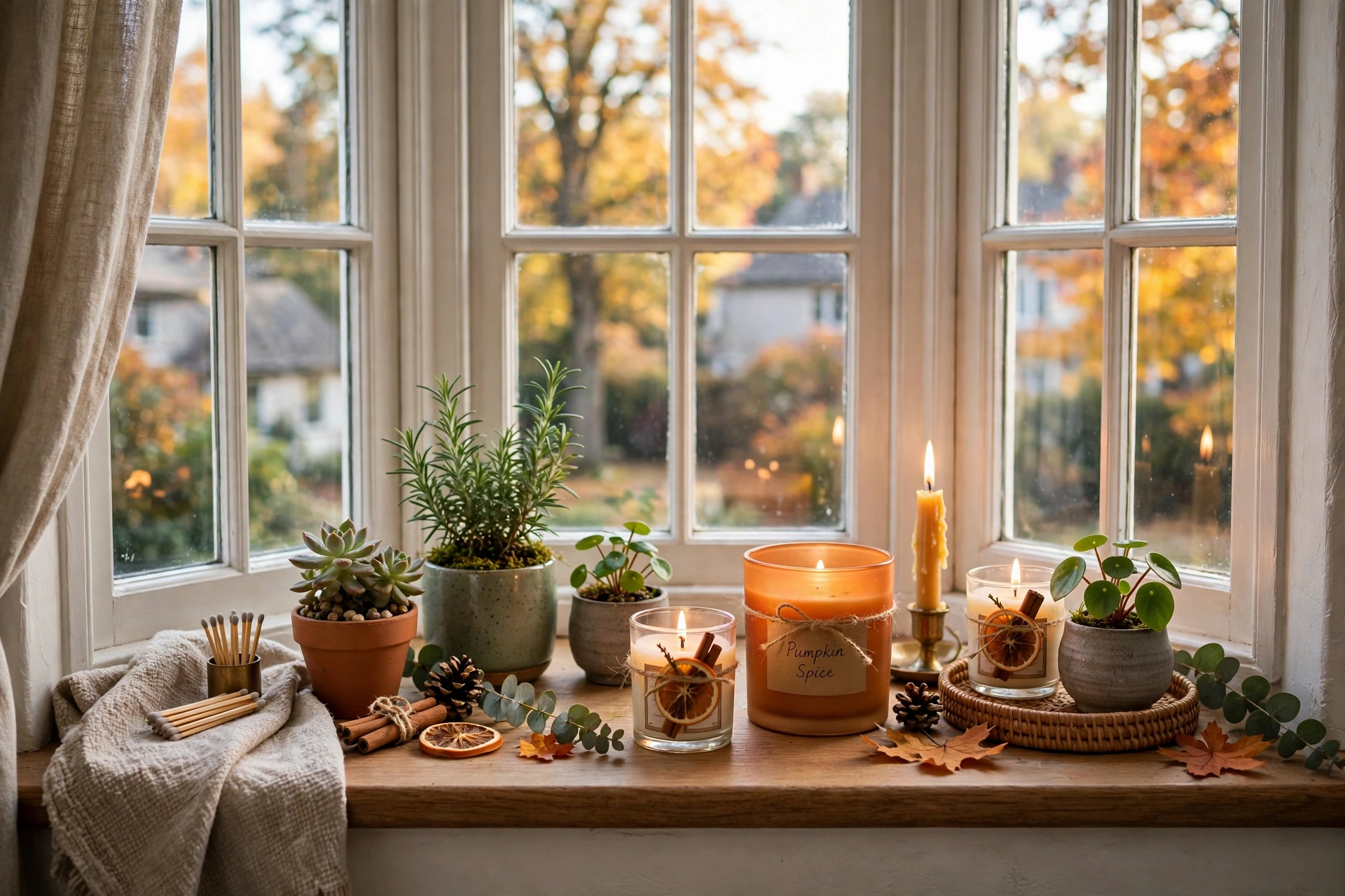 Bay window sill decorated with seasonal candles and small plants