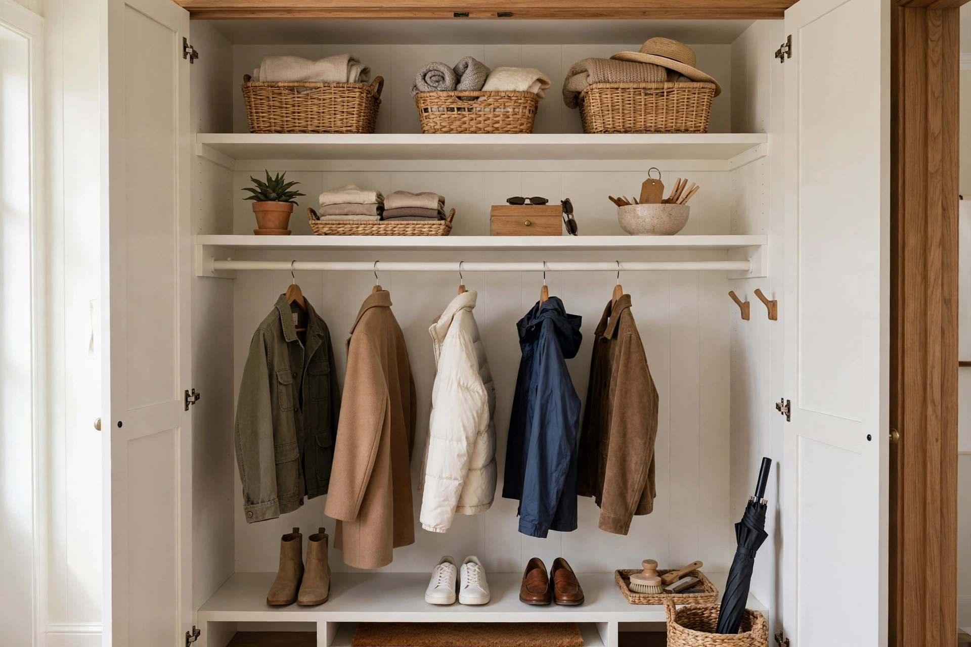 Perfectly organized entryway closet with breathing room on every shelf