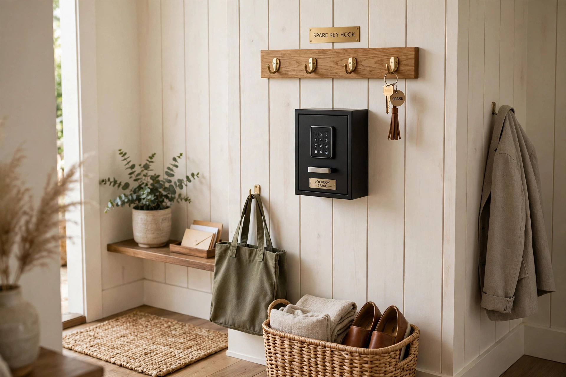 Labeled spare key hook with a small lockbox in an organized entryway