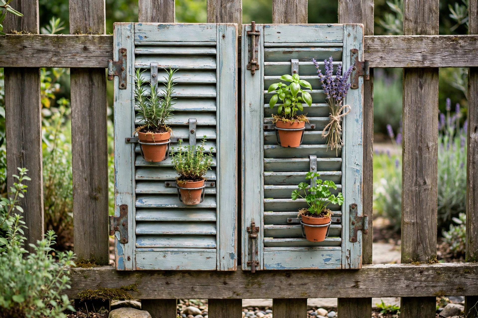 Vintage painted shutters mounted on a fence with small potted herbs