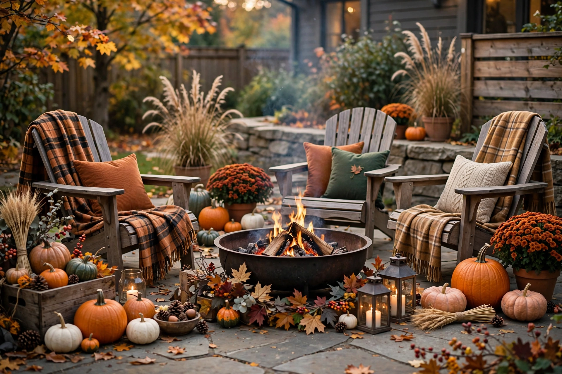 Fire pit area styled with pumpkins plaid throws and fall decorations