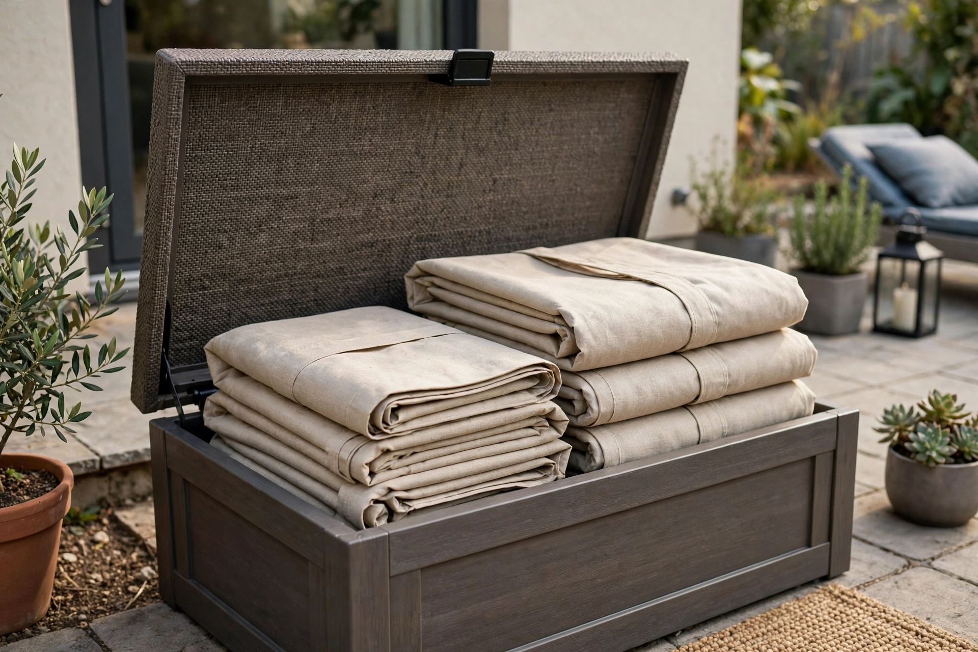 Folded spare outdoor curtain panels stored in a deck box on a patio