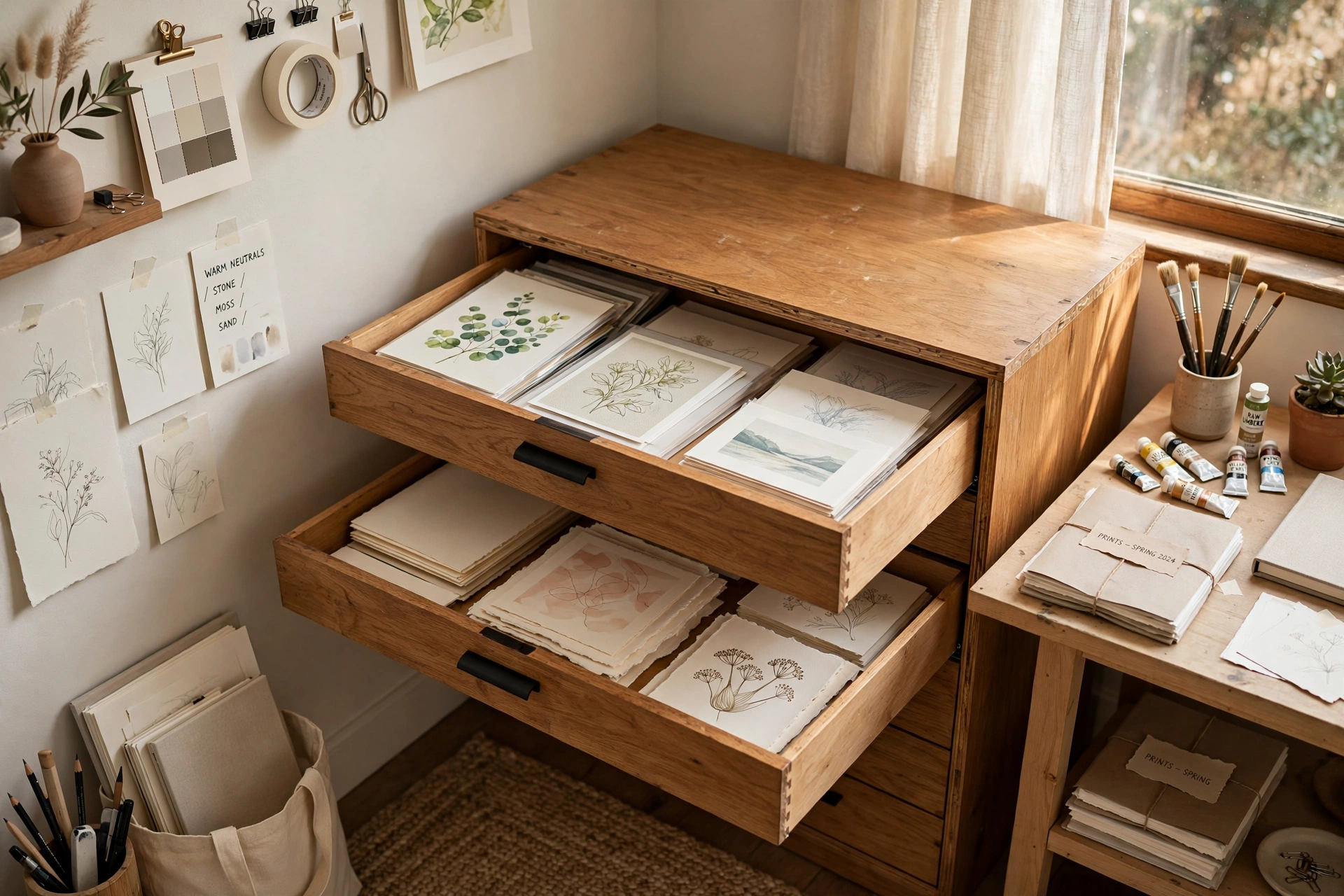 Flat file drawers storing paper and prints in an organized art studio